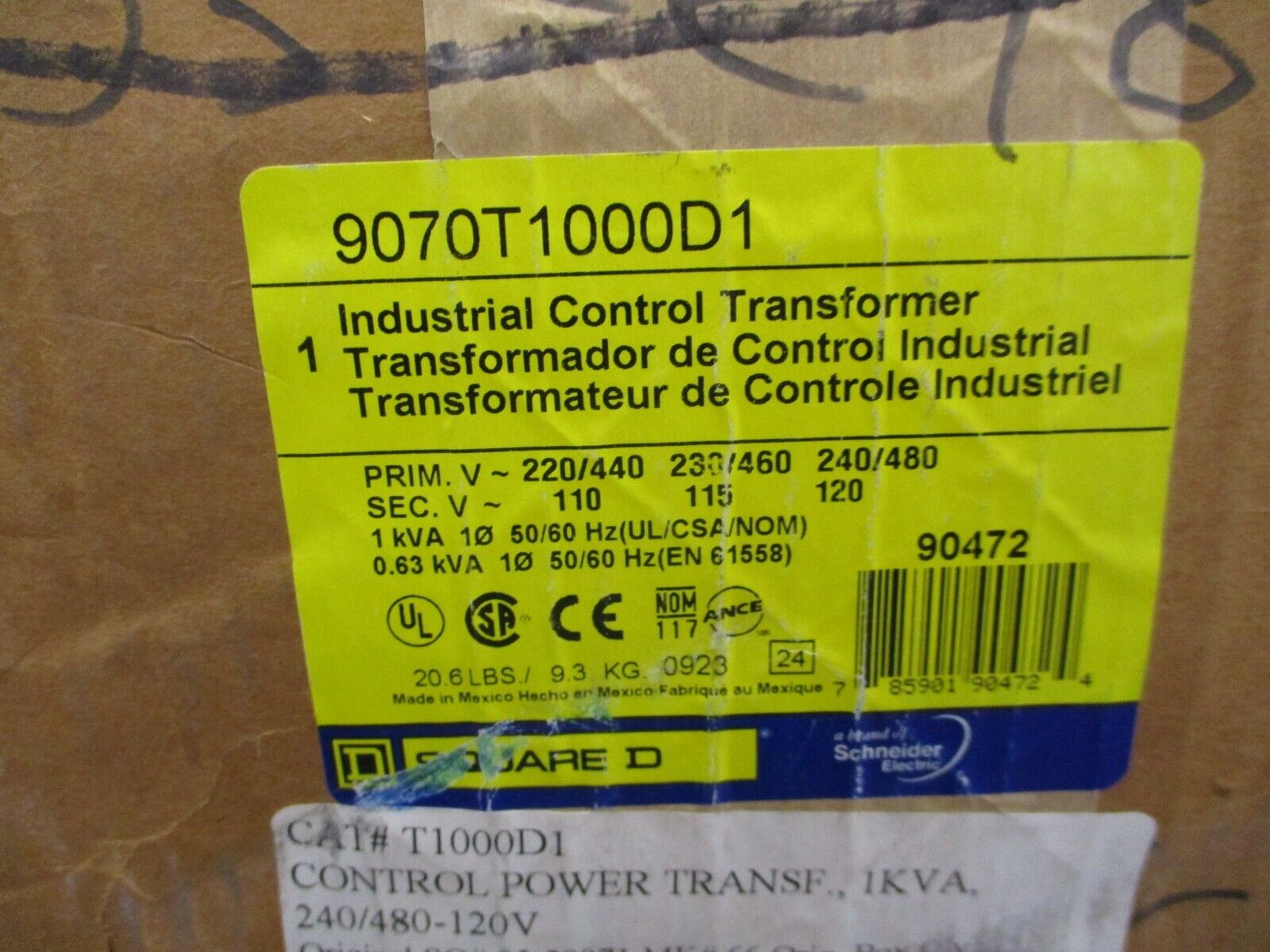 Square D Control Transformer 9070T1000D1 1KVA Pri: 240/480V Sec: 120V 1Ph