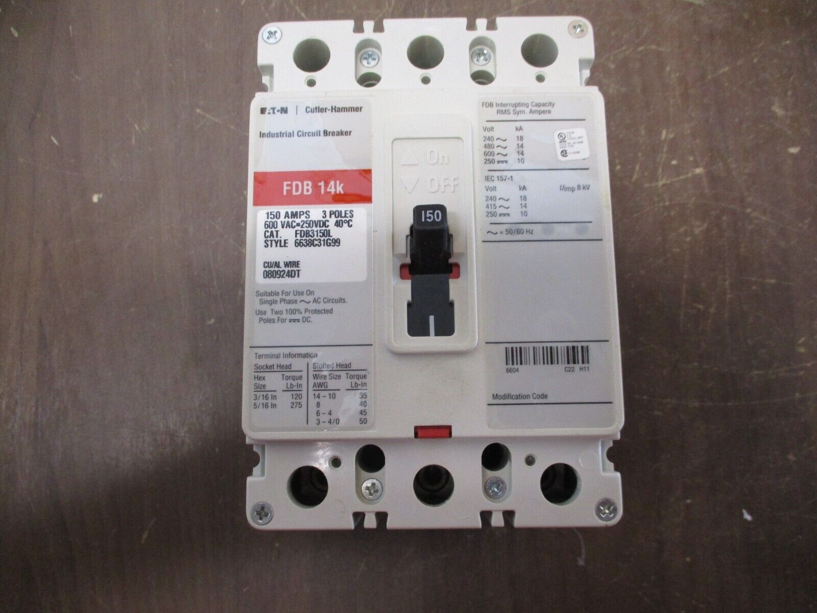 Cutler-Hammer Circuit Breaker FDB3150L 150A 600V 3P New Surplus