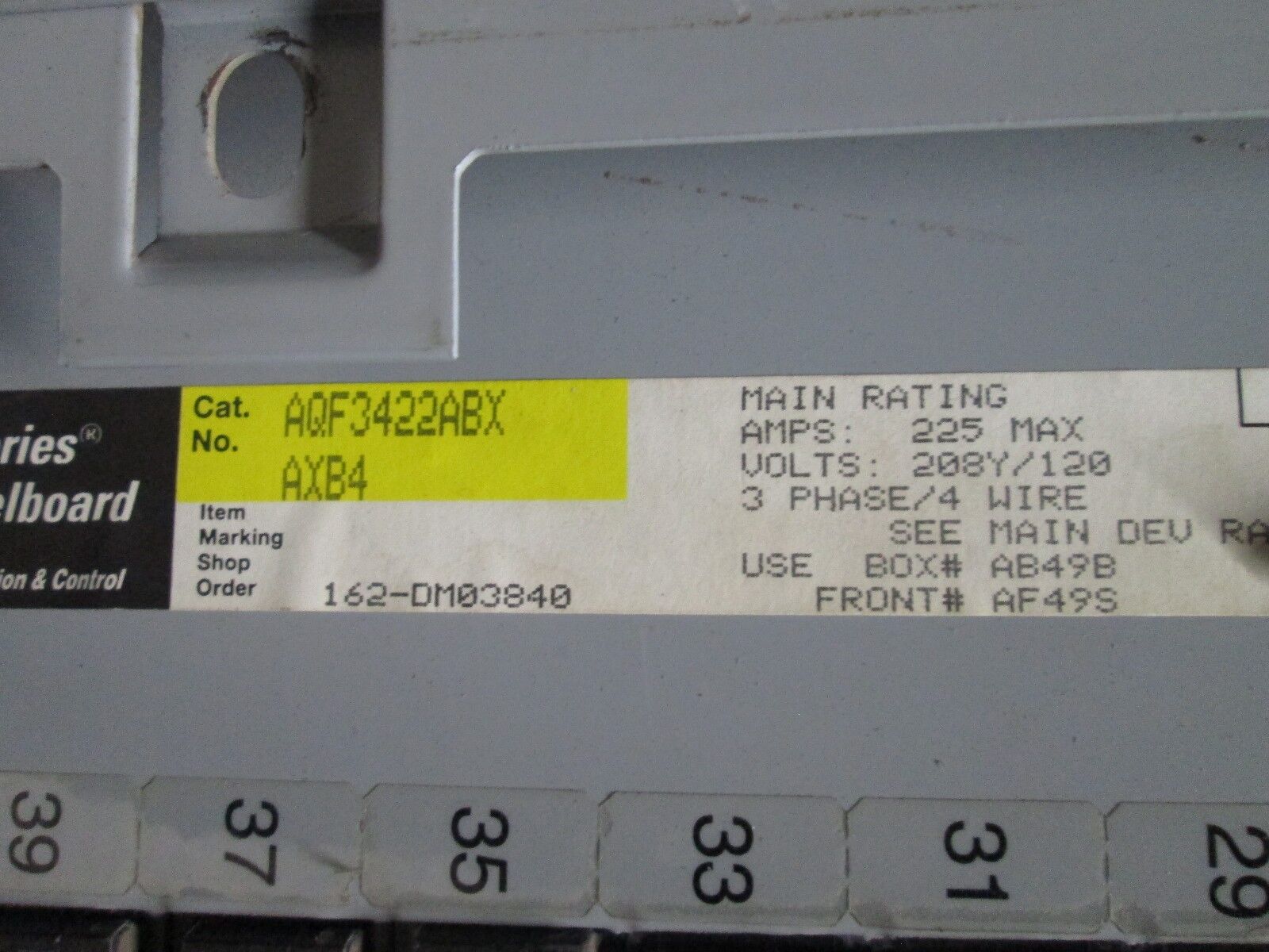 GE Main Circuit Breaker Panel AQF3422ABX AXB4 150A Main Breaker 225A 208Y/120V