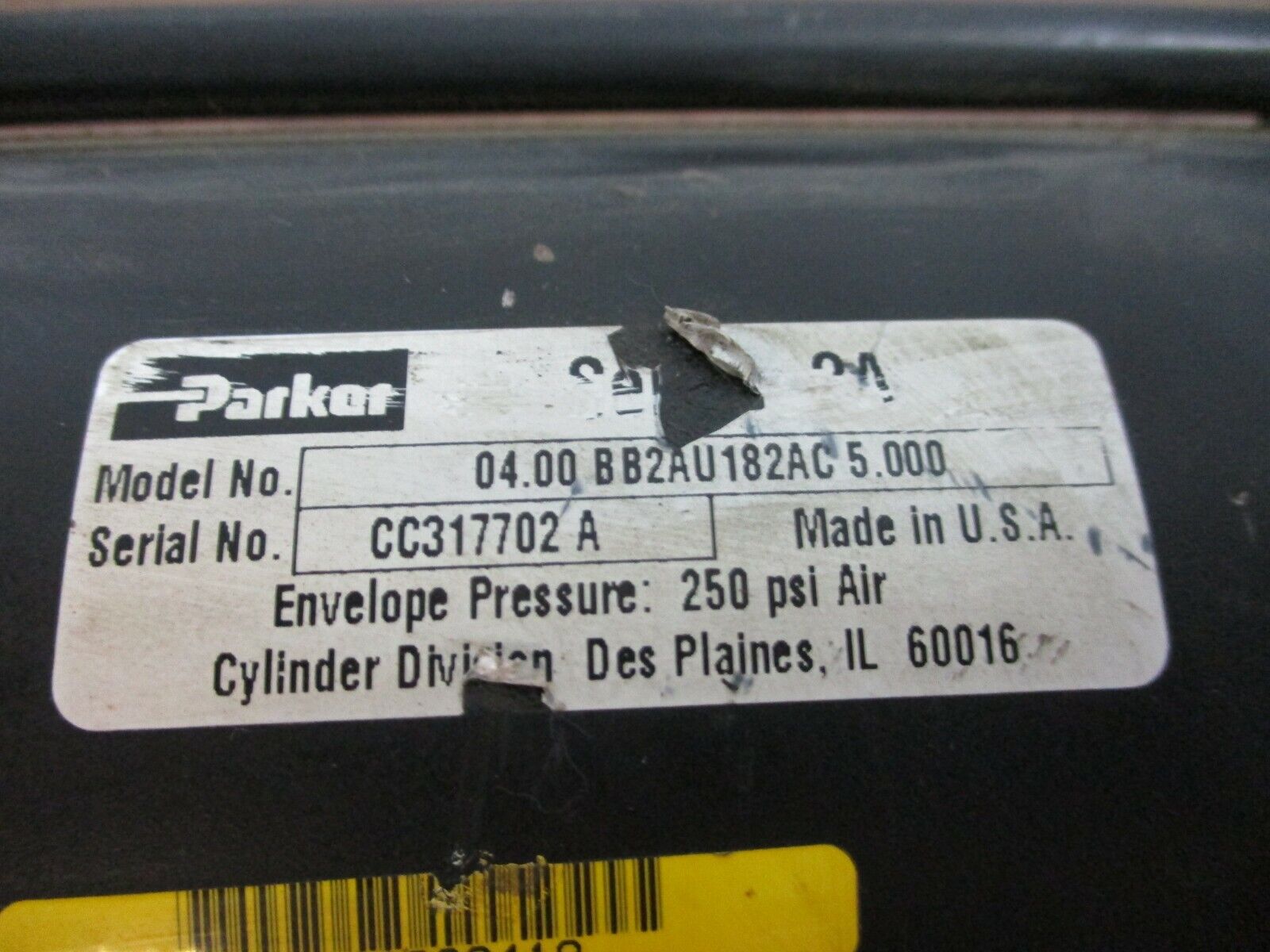 Parker Series 2A Air Cylinder 04.00 BB2AU182AC 5.000 250 PSI Used