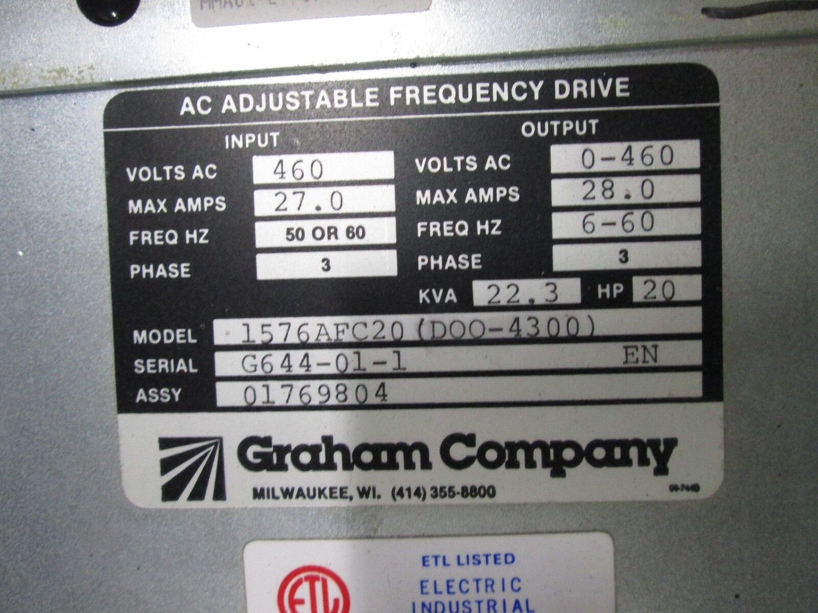 Graham AC Drive 1576AFC20 20HP 3Ph Input: 460V 27A Output: 0-460V 28A Used
