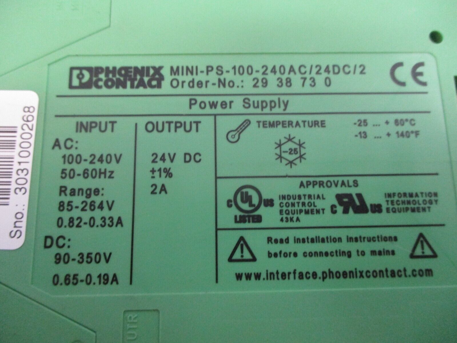 Phoenix Contact Mini Power Supply MINI-PS-100-240AC/24DC/2 Used