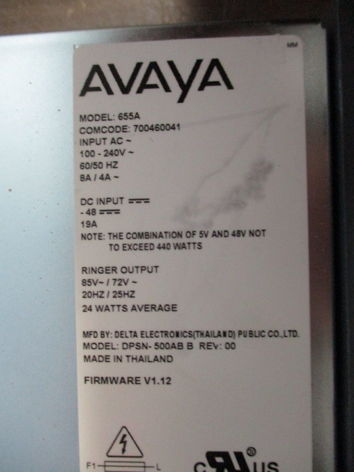 Avaya 655A Power Supply 700460041 DC Input: 48V 19A F/W: V1.12 Used