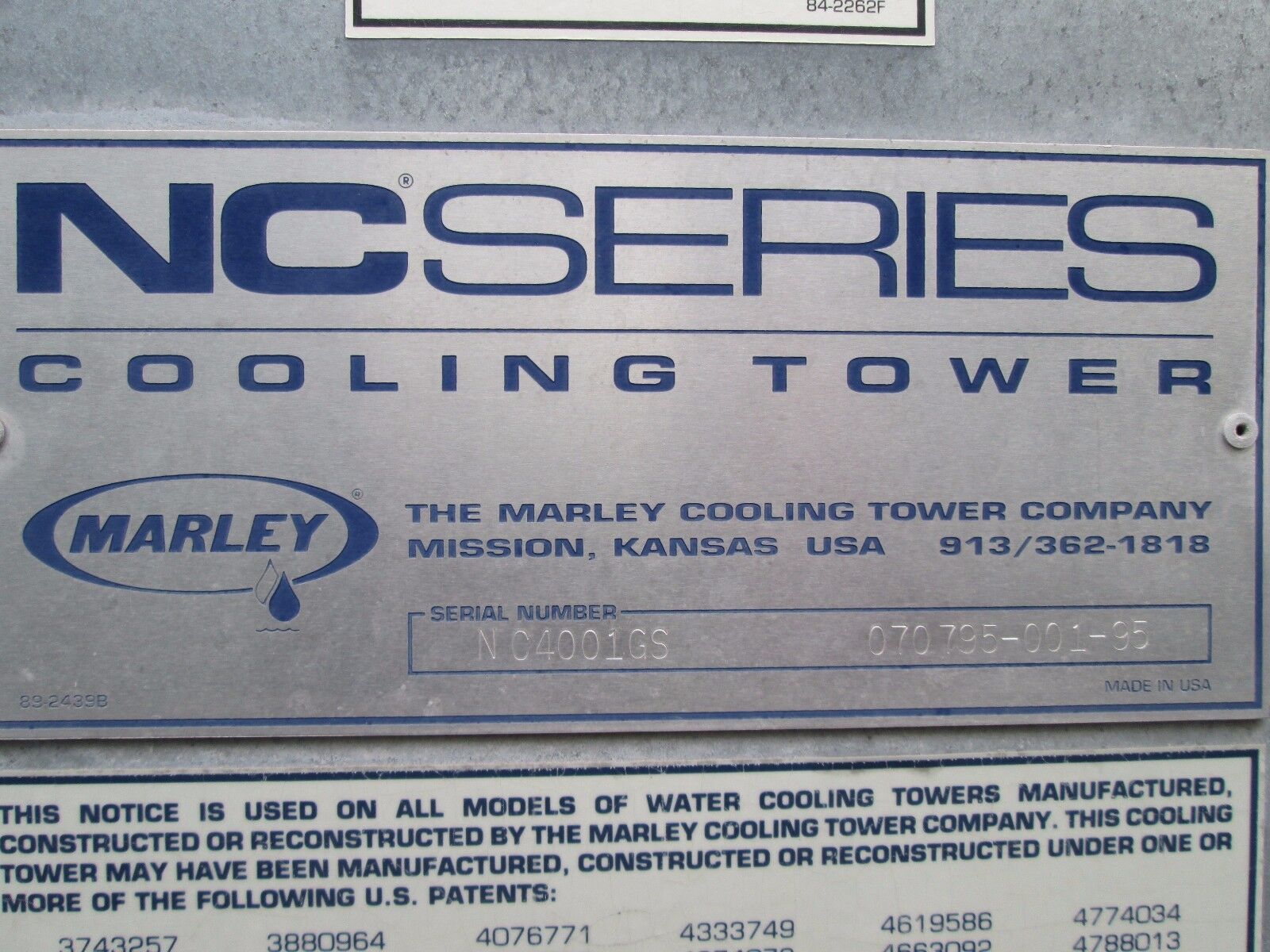 Marley NC Series Cooling Tower NC4001GS 328 Tons, DOM: 1995 Used
