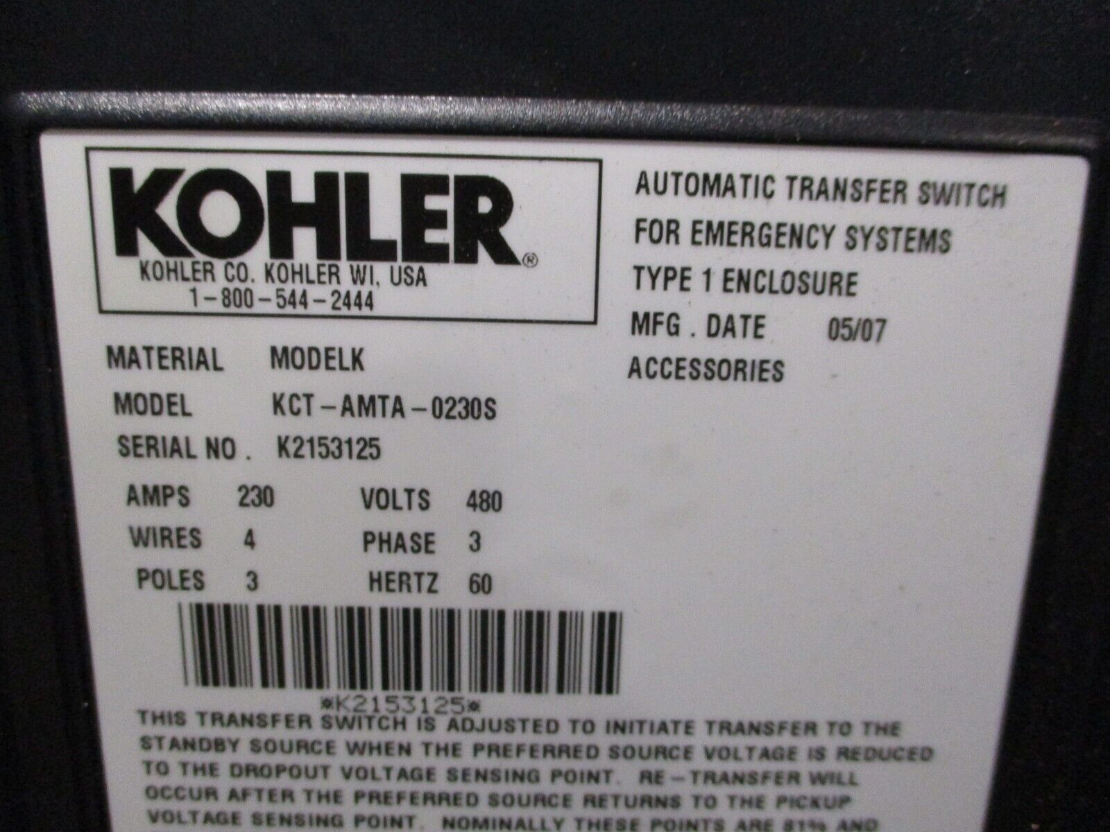 Kohler Automatic Transfer Switch KCT-AMTA-0230S 230A 480V 3Ph 4W 3P 60Hz Used