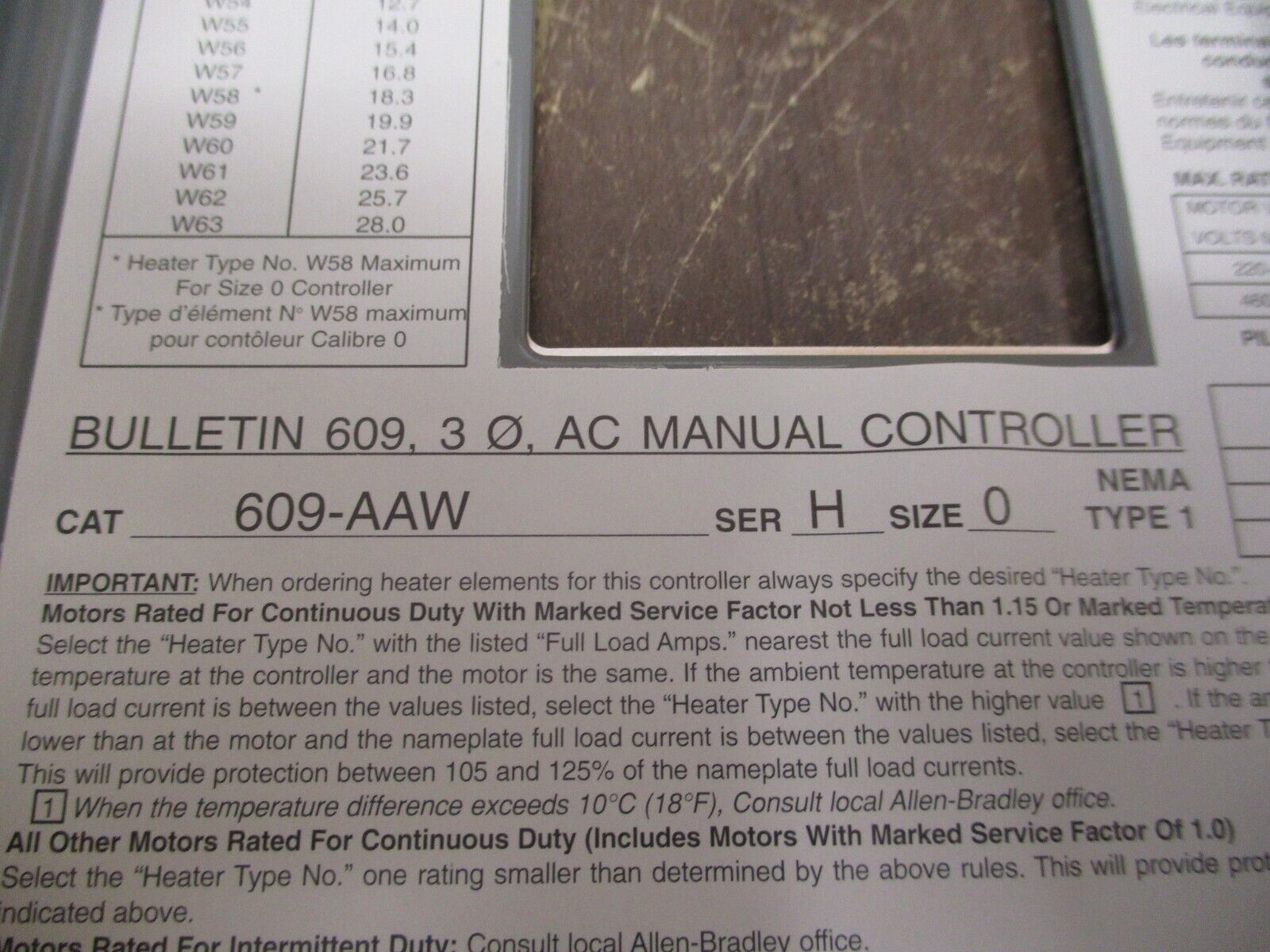 Allen-Bradley Enclosed Size 1 Manual Starter 609-AAW Ser. H 3Ph Type 1 Enclosure