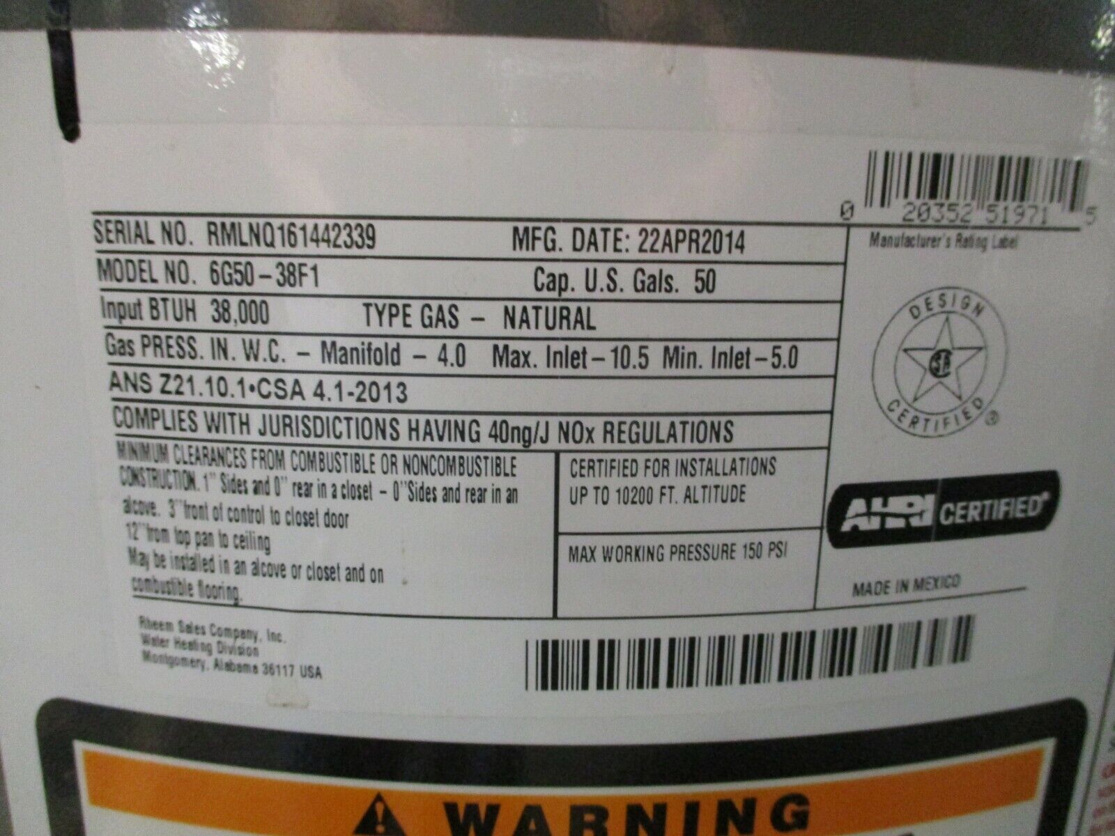 Richmond Natural Gas Water Heater 6G50-38F1 38,000BTU 50-Gallon Used