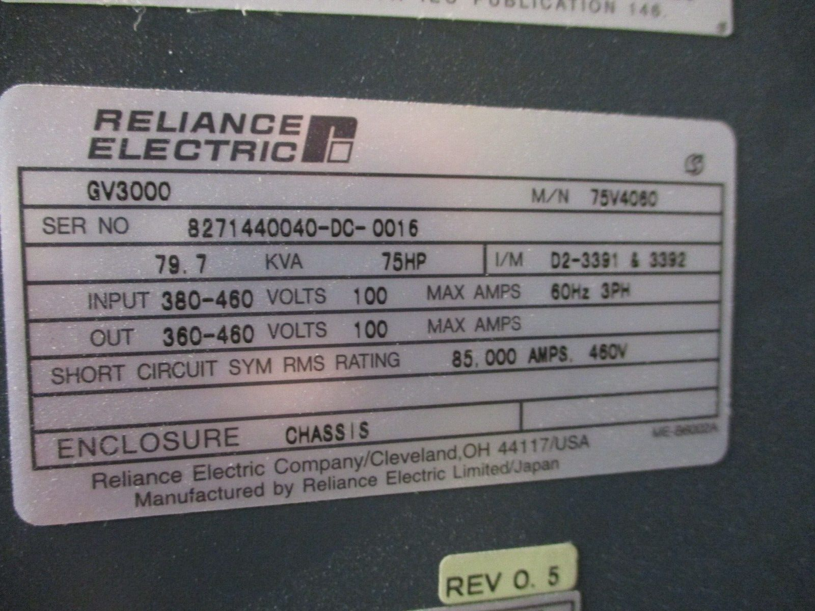Reliance Electric VTAC7 GV3000 AC Drive 75V4060 75HP 3Ph Used