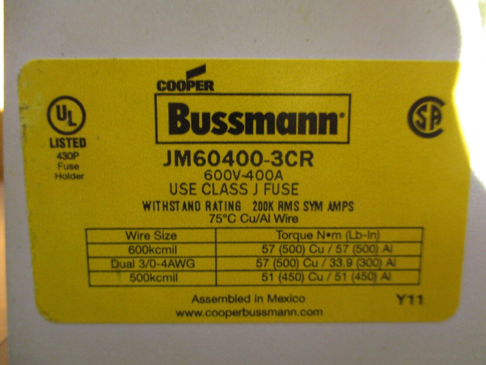Cooper Bussmann Fuse Block JM60400-3CR 400A 600V 3P w/ (3) 350A Fuses Used