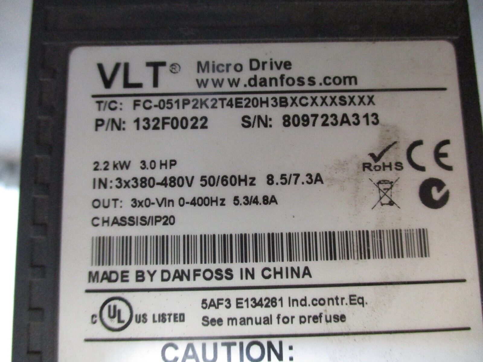 Danfoss VLT Micro Drive AC Drive 132F0022 3HP 3Ph w/ Keypad Used