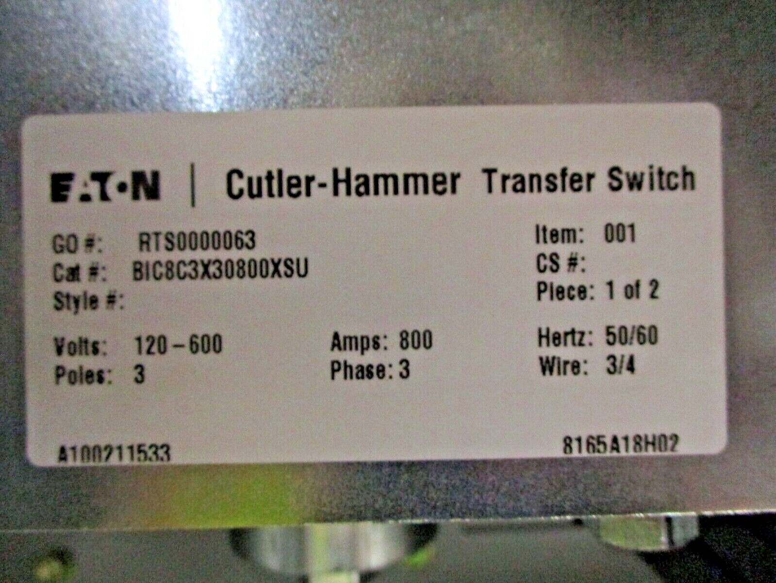 CAT / Eaton Bypass Isolation Automatic Transfer Switch BIC8C3X30800XSU 800A Used