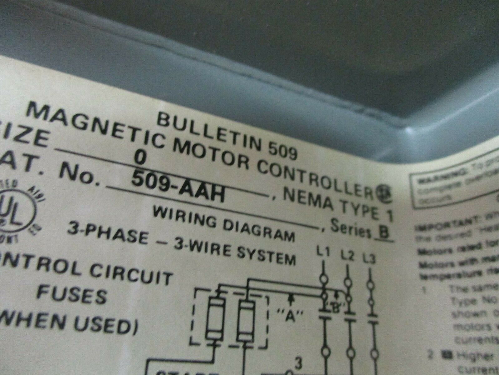 Allen-Bradley Enclosed Size 0 Starter 509-AAH Ser. B 230-240V Coil 18A 600V Used