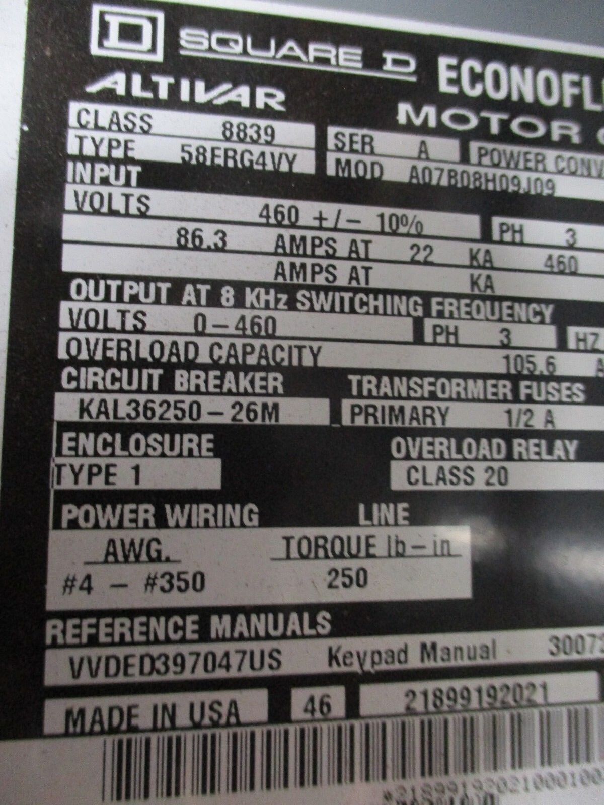 Square D Econoflex Altivar AC Drive w/ Bypass 8839 58ERG4VY 75HP 3Ph Used