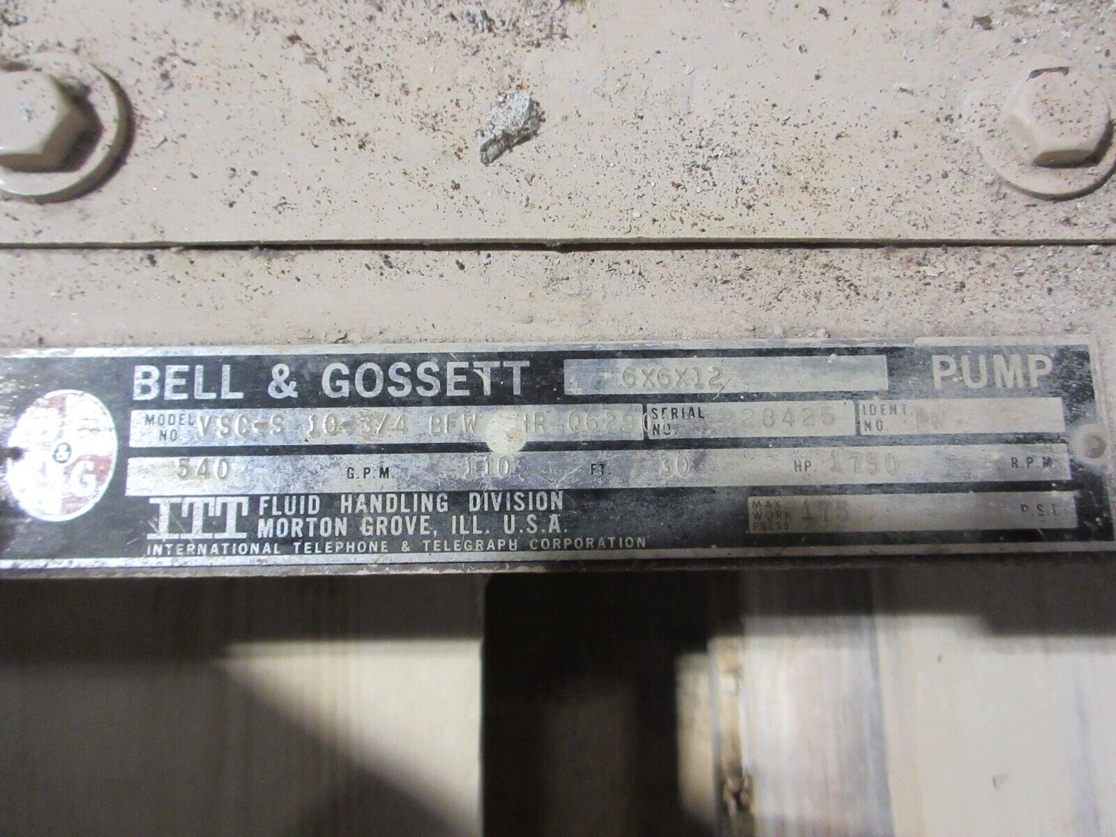Bell & Gossett 6X6X12 Pump VSC-S 10-3/4 BFW RHR Q62901 30HP 540GPM 1750RPM Used