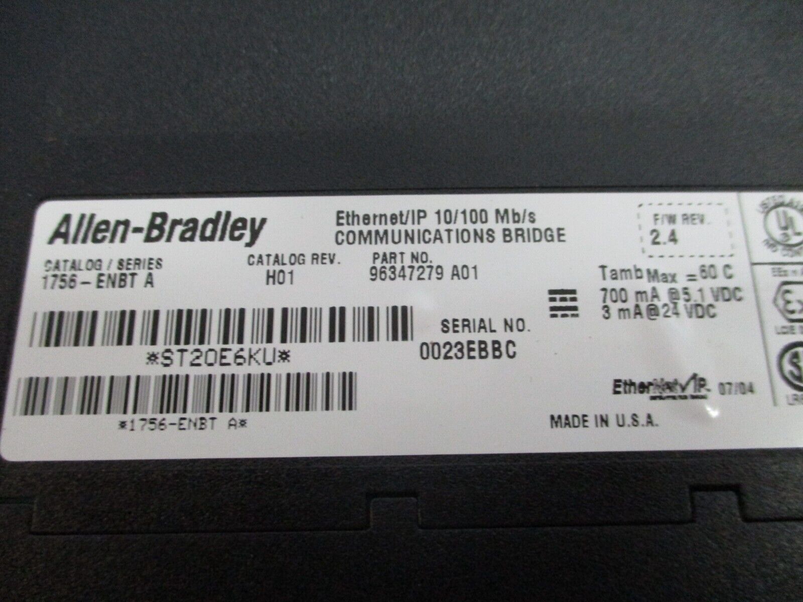 Allen-Bradley Ethernet/IP Comm. Bridge Module 1756-ENBT Ser. A Rev. H01 Used
