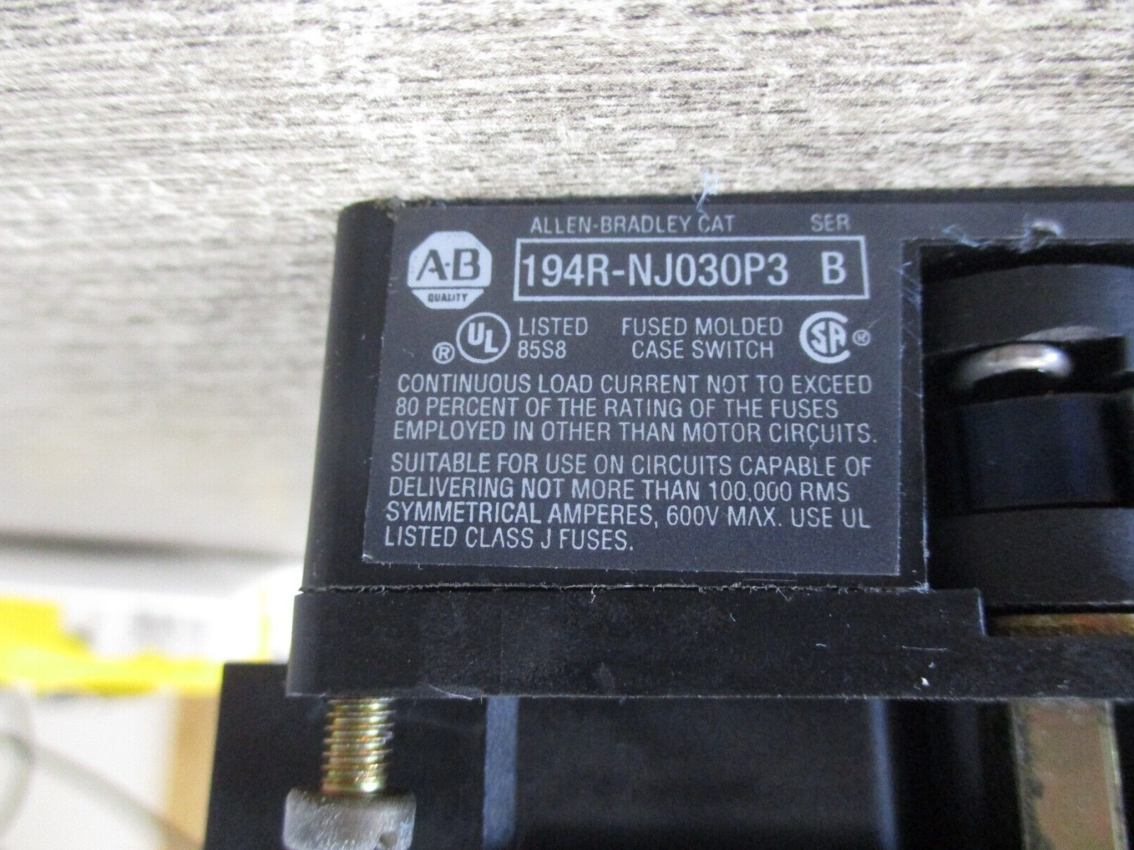 Allen-Bradley Fusible Disconnect Switch 194R-NJ030P3 Ser. B 30A 600V 3P Used