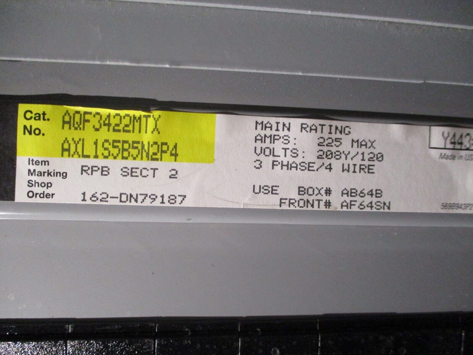 GE Main Lug Breaker Panel AQF3422MTX 225A Max 208/120V 3Ph 4W *No Lugs* Used