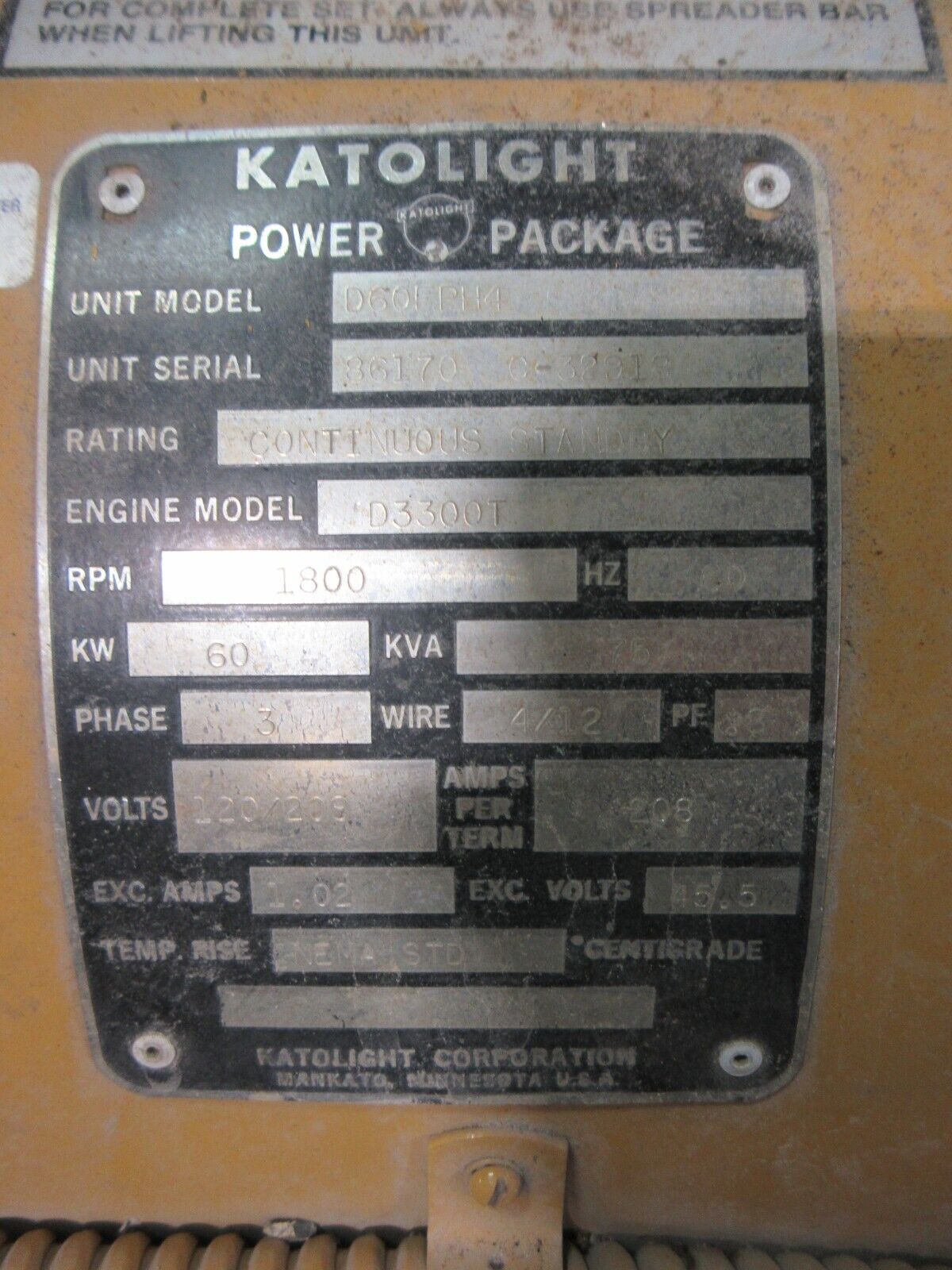 Katolight Generator D60FPH4 60kW 75kVA 120/208V 3Ph 60Hz 4/12 Wire Used