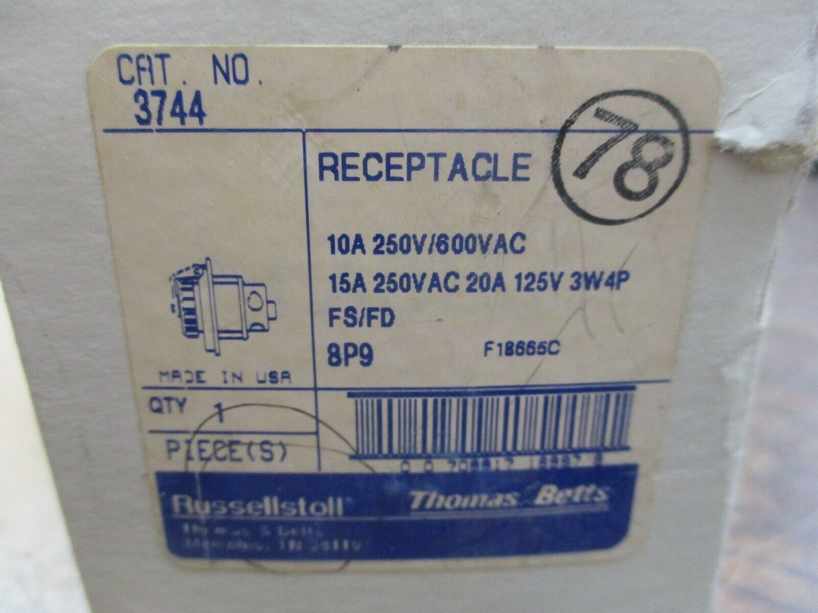 Russellstoll Receptacle 3744 10/15/20A 125/250/600V 3W 4P New Surplus