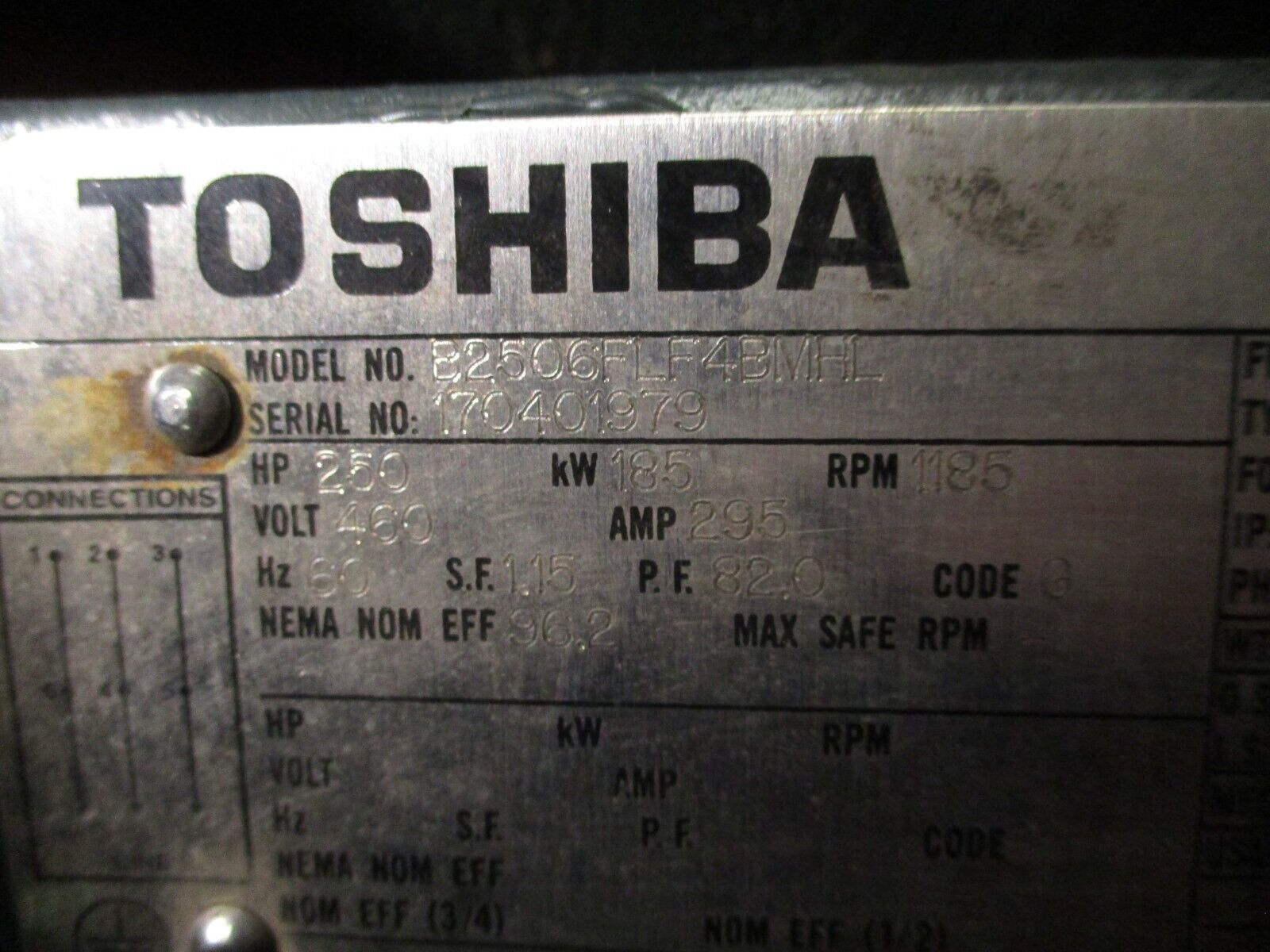 Toshiba EQP Severe Duty AC Motor B2506FLF4BMHL 250HP 1200RPM 460V 295A 60Hz 3Ph