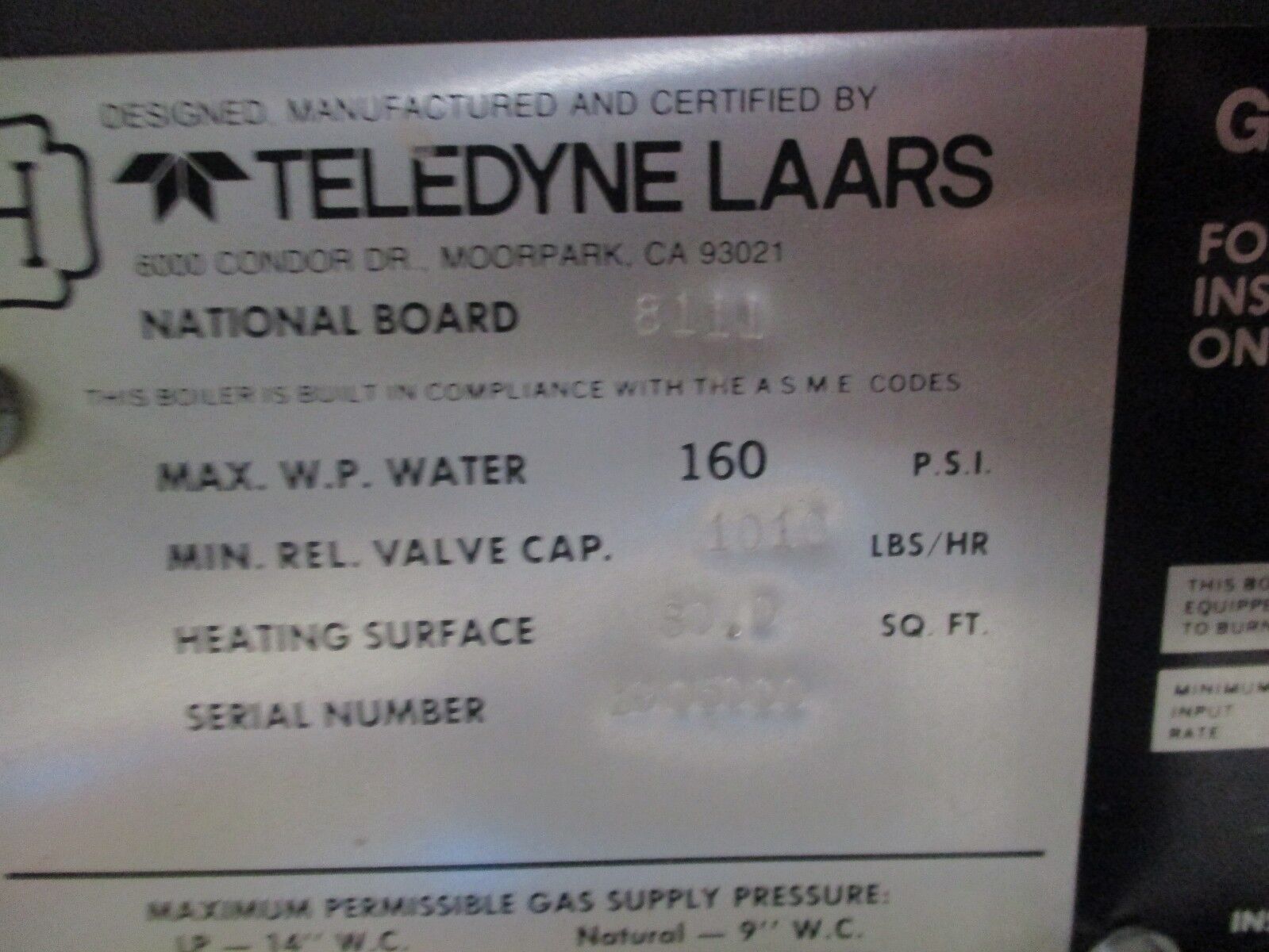 Teledyne Laars Natural Gas Hot Water Boiler HH1010IN09K1A 1010000 BTU Input Used