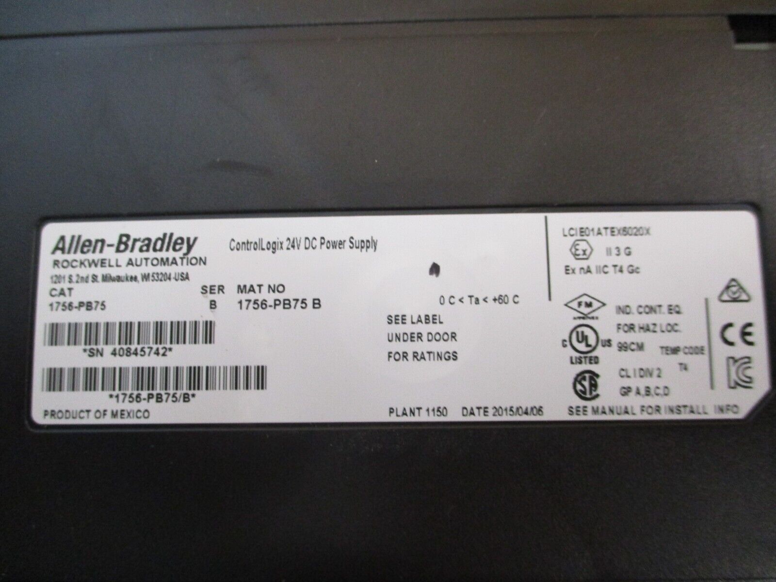 Allen-Bradley ControlLogix 24VDC Power Supply 1756-PB75 Ser. B Used