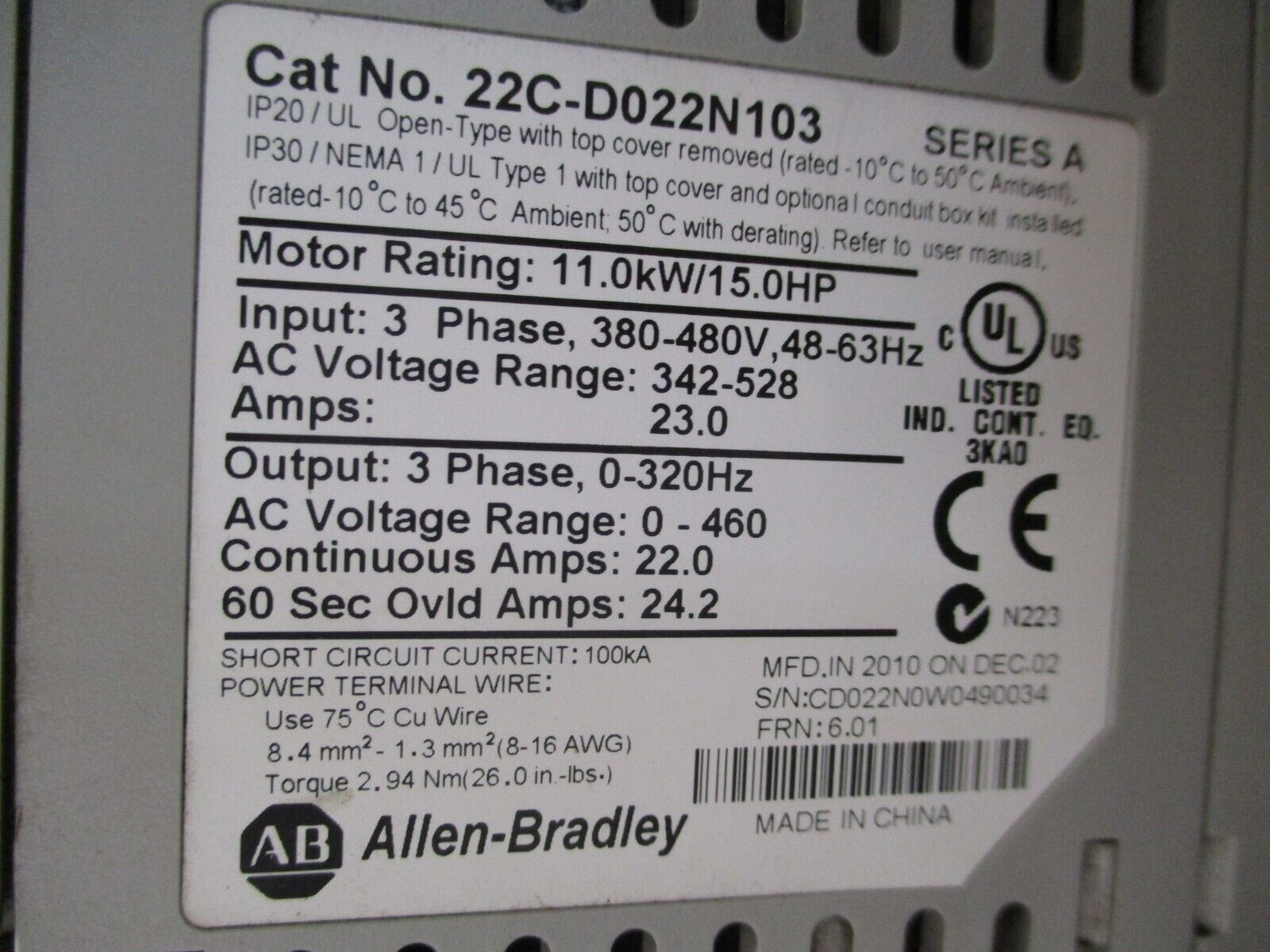 Allen-Bradley PowerFlex 400 AC Drive 22C-D022N103 Ser. A 15HP 3Ph Used