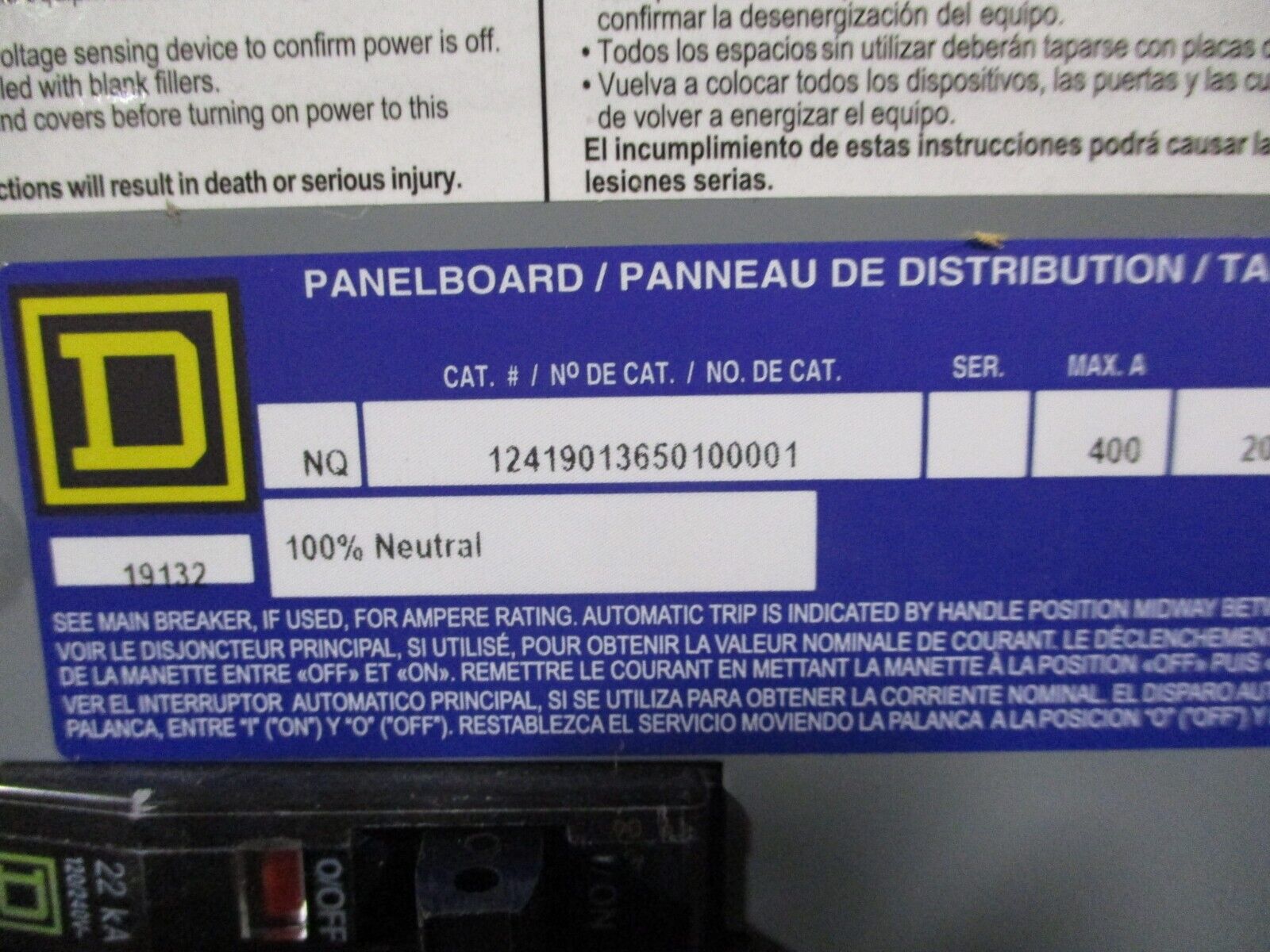Square D Main Lug NQ Panelboard Interior 12419013650100001 400A 208Y/120V 4W 3Ph