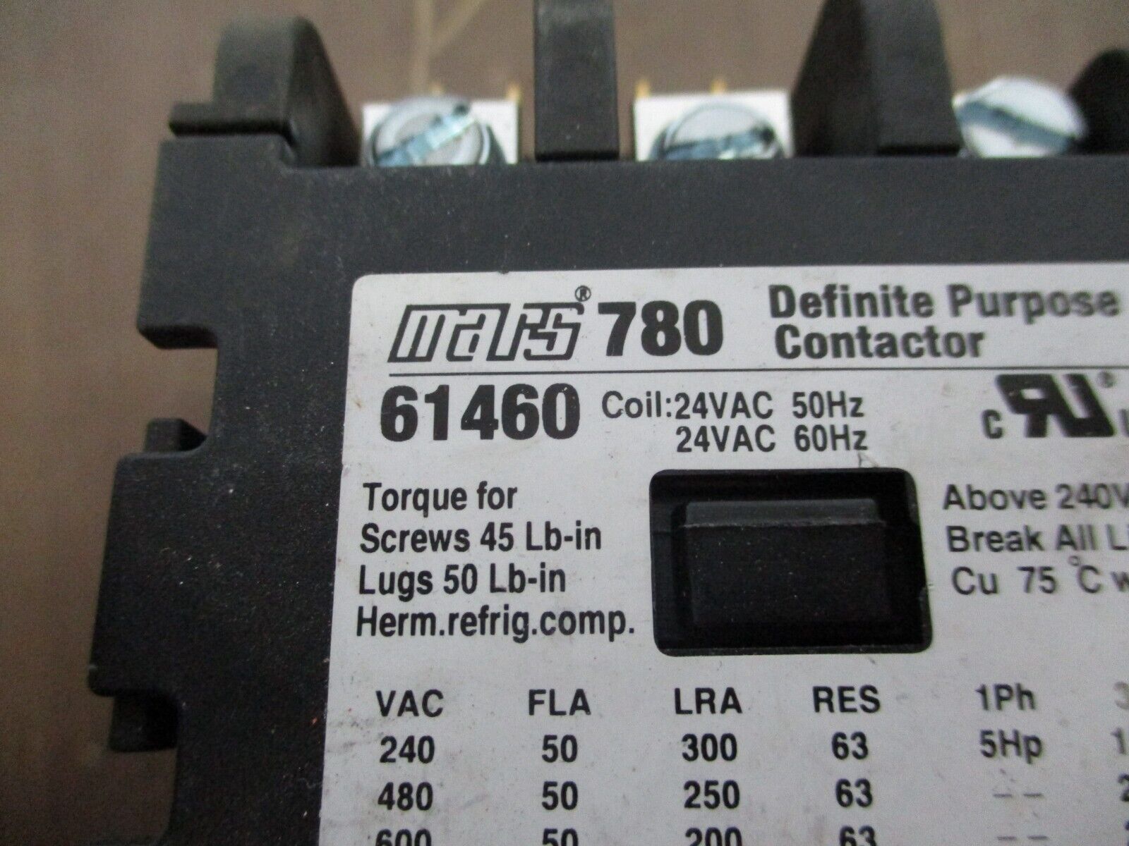 Mars 780 Definite Purpose Contactor 61460 24V Coil 50A 3P Used