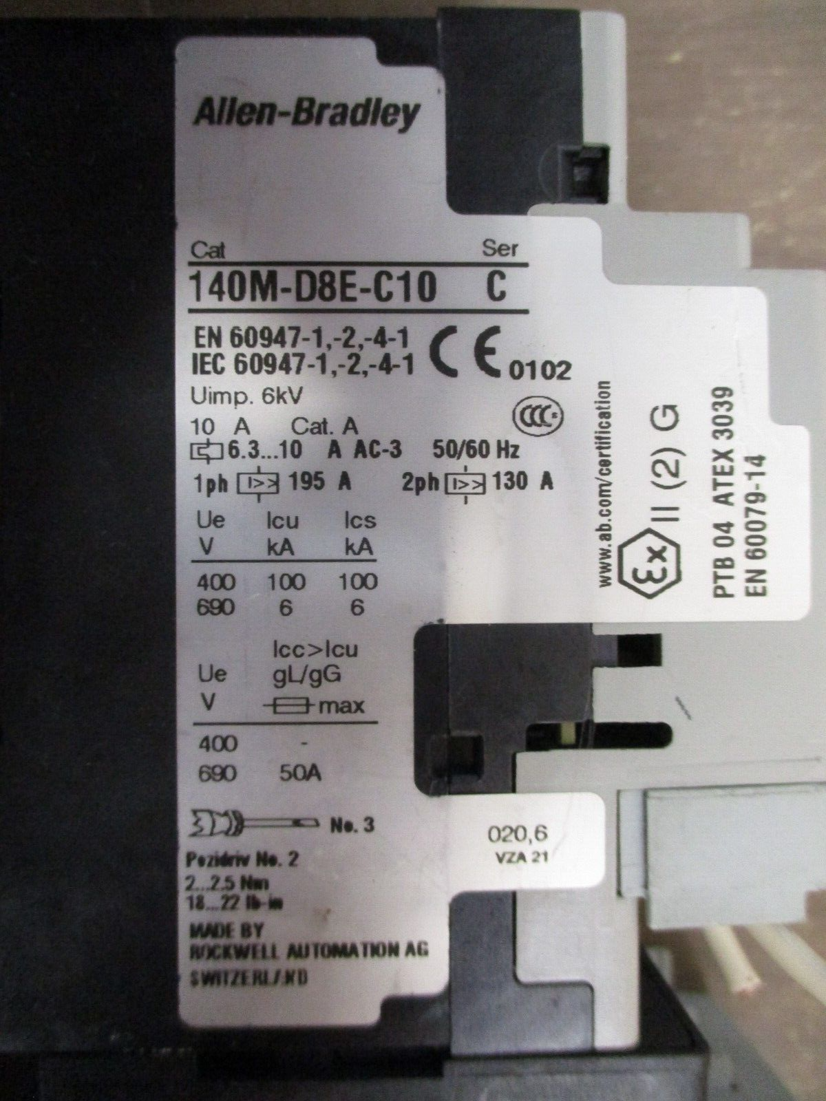 Allen-Bradley Starter 100-C12*10 / 140M-D8E-C10 120V Coil Trip: 6.3-10A Used