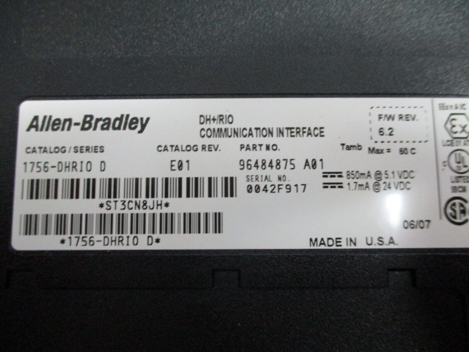 Allen-Bradley DH+/RIO Comm. Interface Module 1756-DHRIO Ser. D F/W. Rev. 6.2