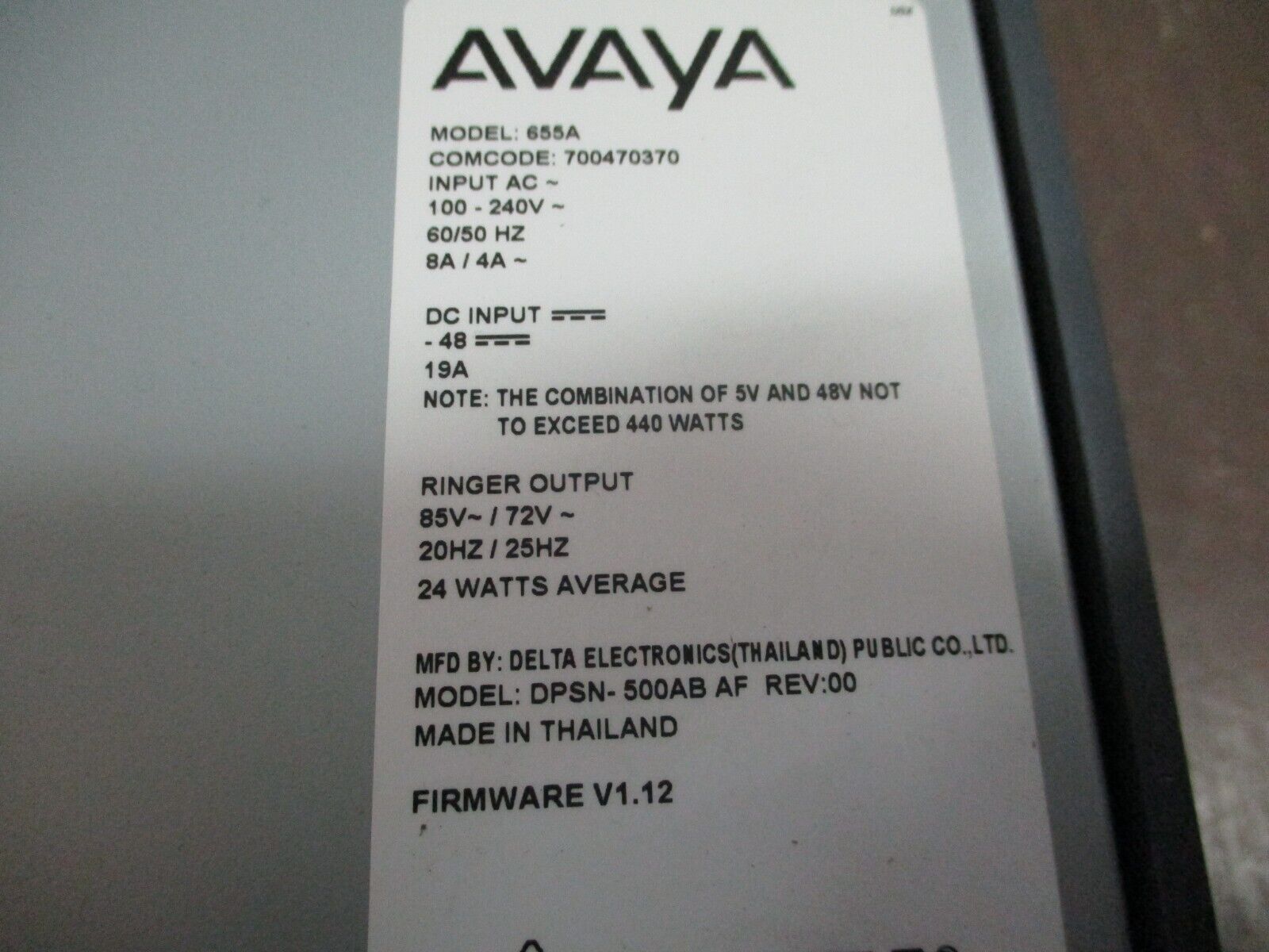 Avaya 655A Power Supply 700470370 AC Input: 100-240V 50/60Hz 4/8A F/W: V1.12