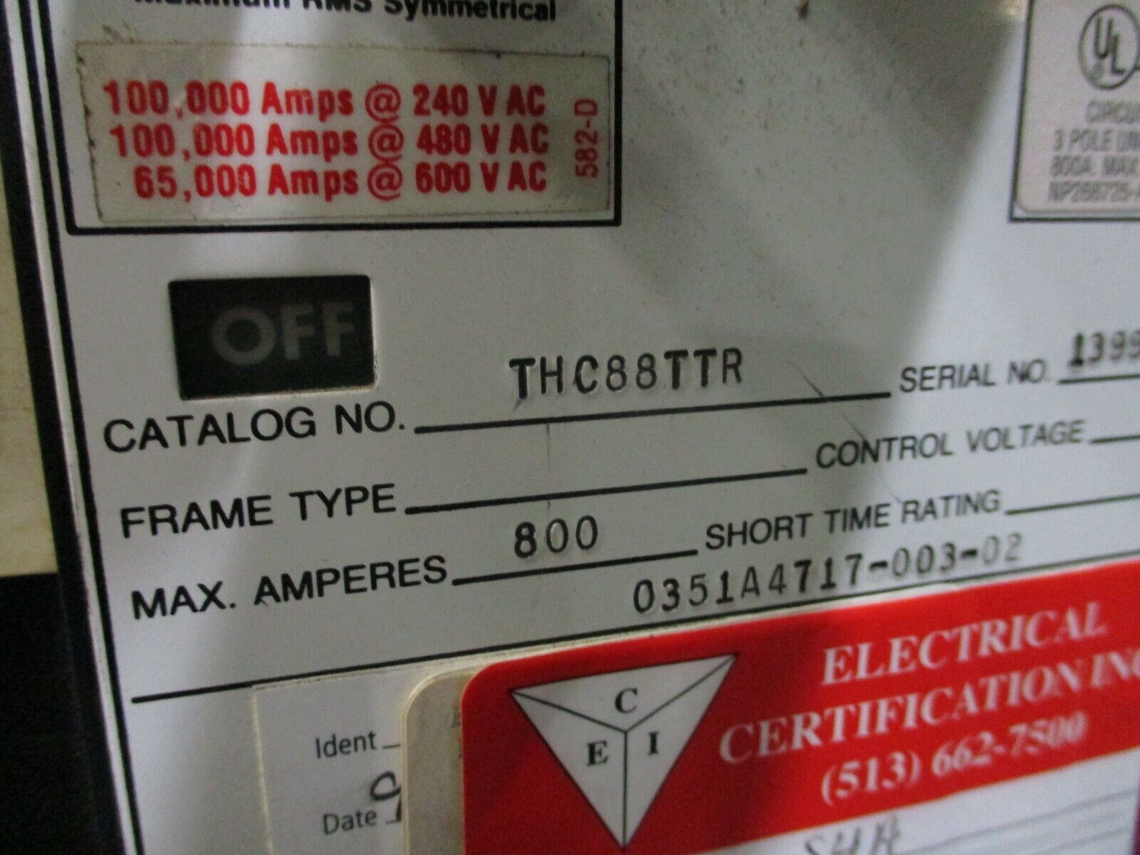 GE Power Break Circuit Breaker THC88TTR 600A Rating Plug w/ Trip Used
