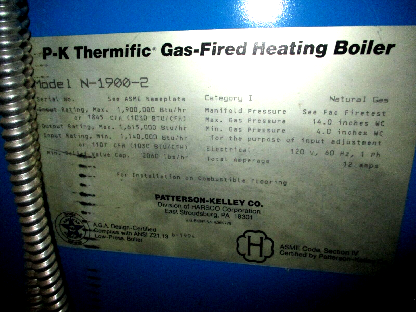 P-K Thermific Boiler N-1900-2 1,900,000 BTU Natural Gas 120V 1Ph 60Hz 12A Used