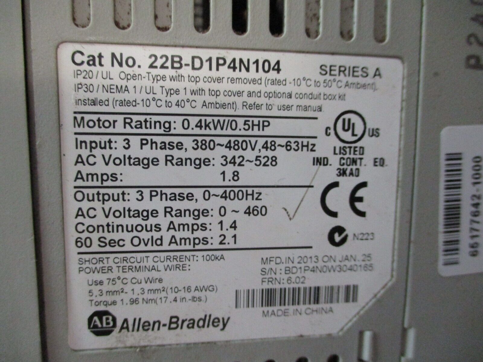 Allen-Bradley PowerFlex 40 AC Drive 22B-D1P4N104 0.5HP 3Ph Used