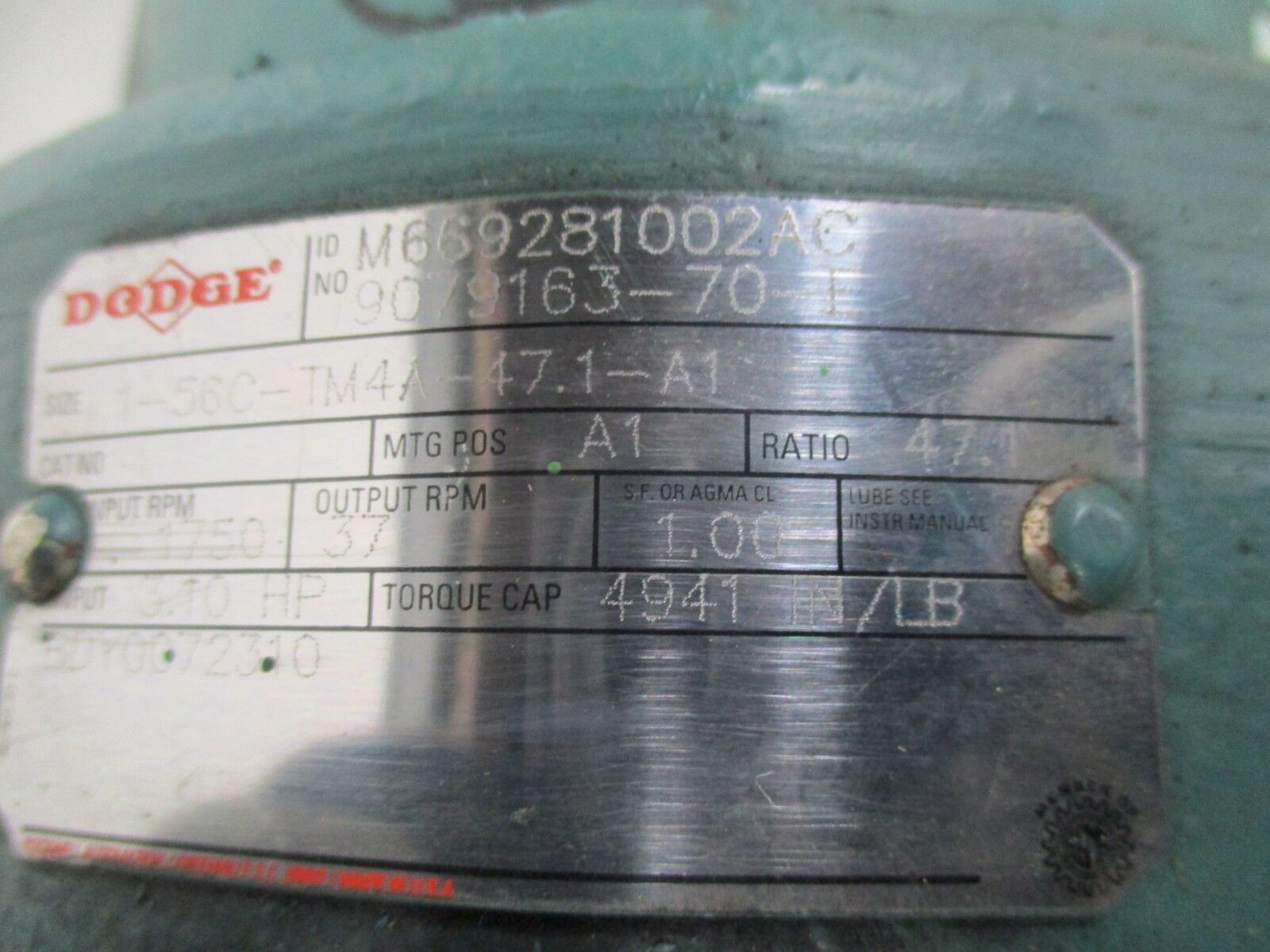 Dodge Gear 1-56C-TM4A-47 Ratio: 47.1 Input: 3.1HP 1750RPM Output: 37RPM Used