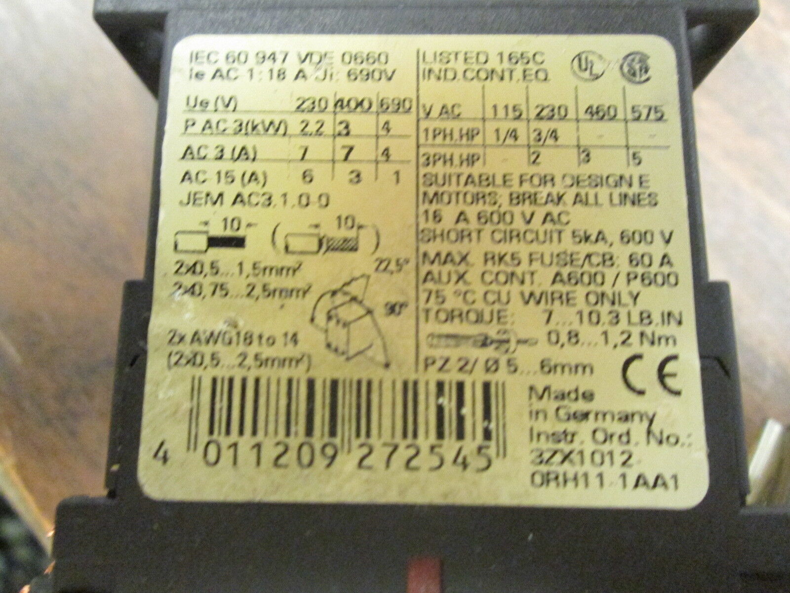 Siemens Sirius 3R Contactor 3RT1015-1BB41 24VDC Coil 16A 600V Used