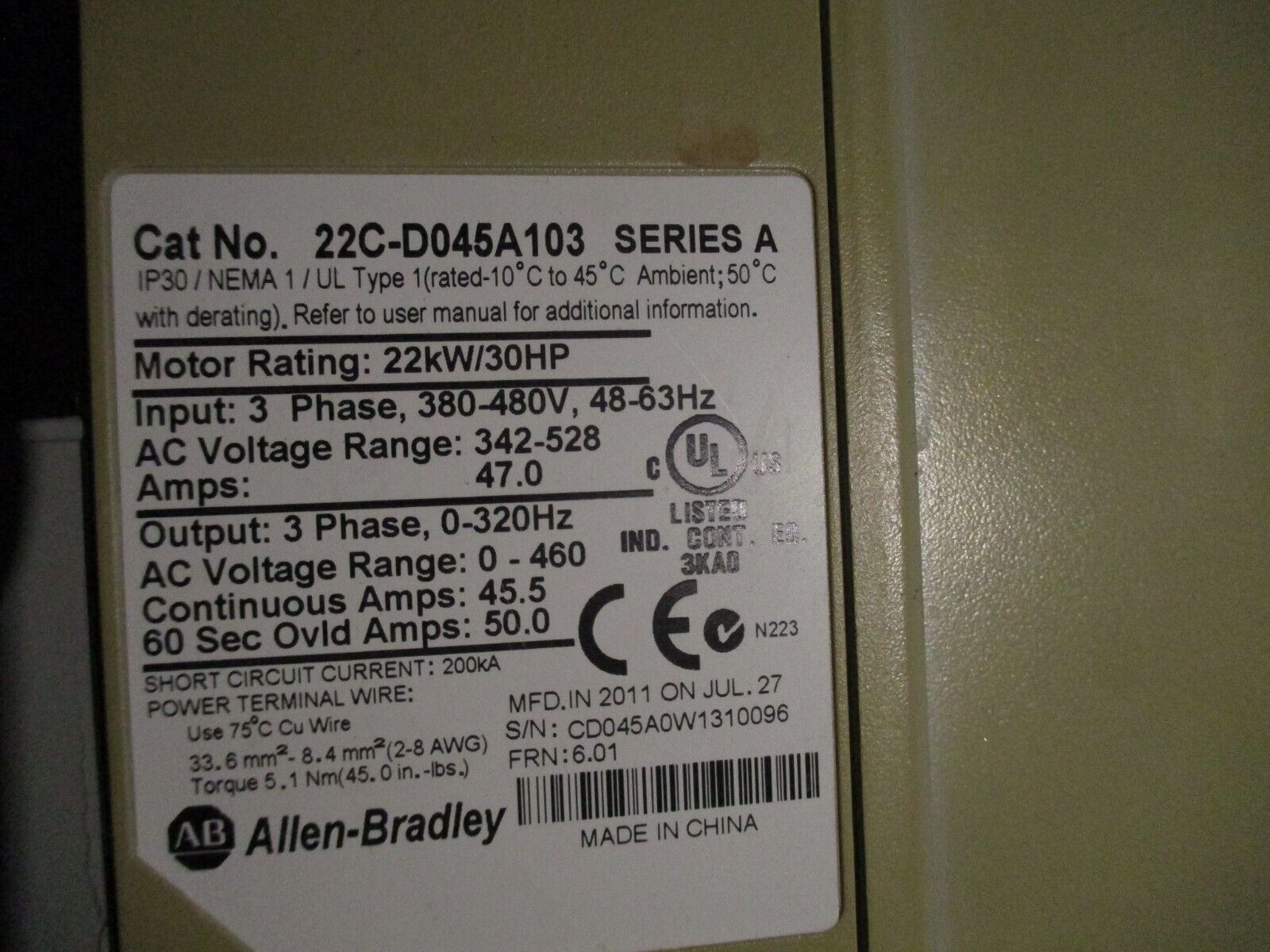 Allen-Bradley PowerFlex 400 AC Drive w/ Bypass 22C-D045A103 Ser. A 30HP 3Ph Used