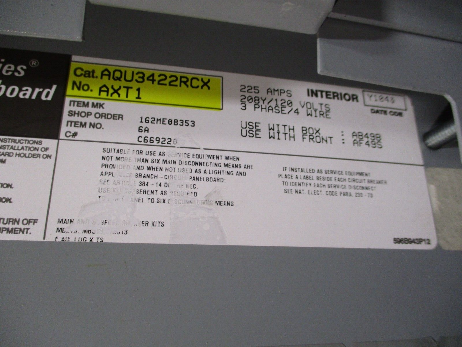 GE Main Lug Breaker Panel AQU3422RCX 225A Max 208/120V 3Ph 4W 42-Slot Used