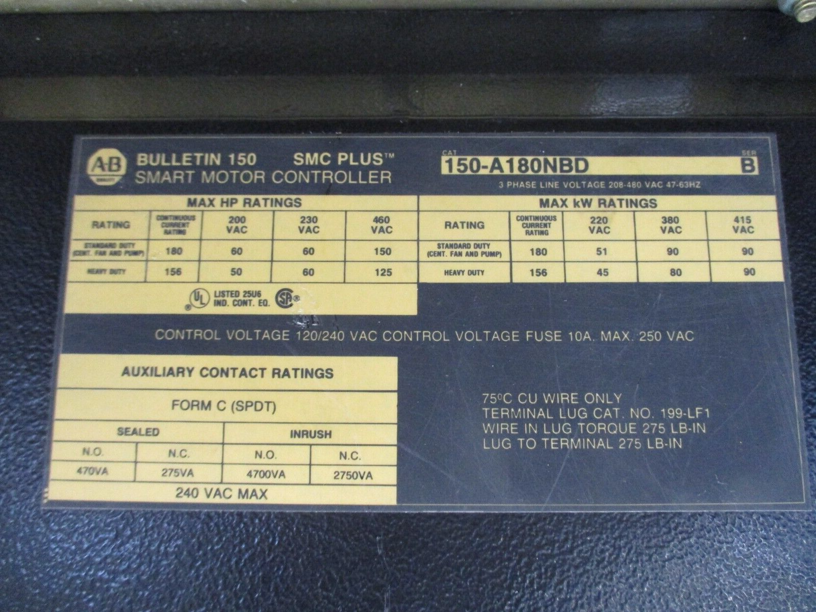 Allen-Bradley SMC Plus Soft Start 150-A180NBD Ser. B 208-480V 3Ph 47-63Hz Used