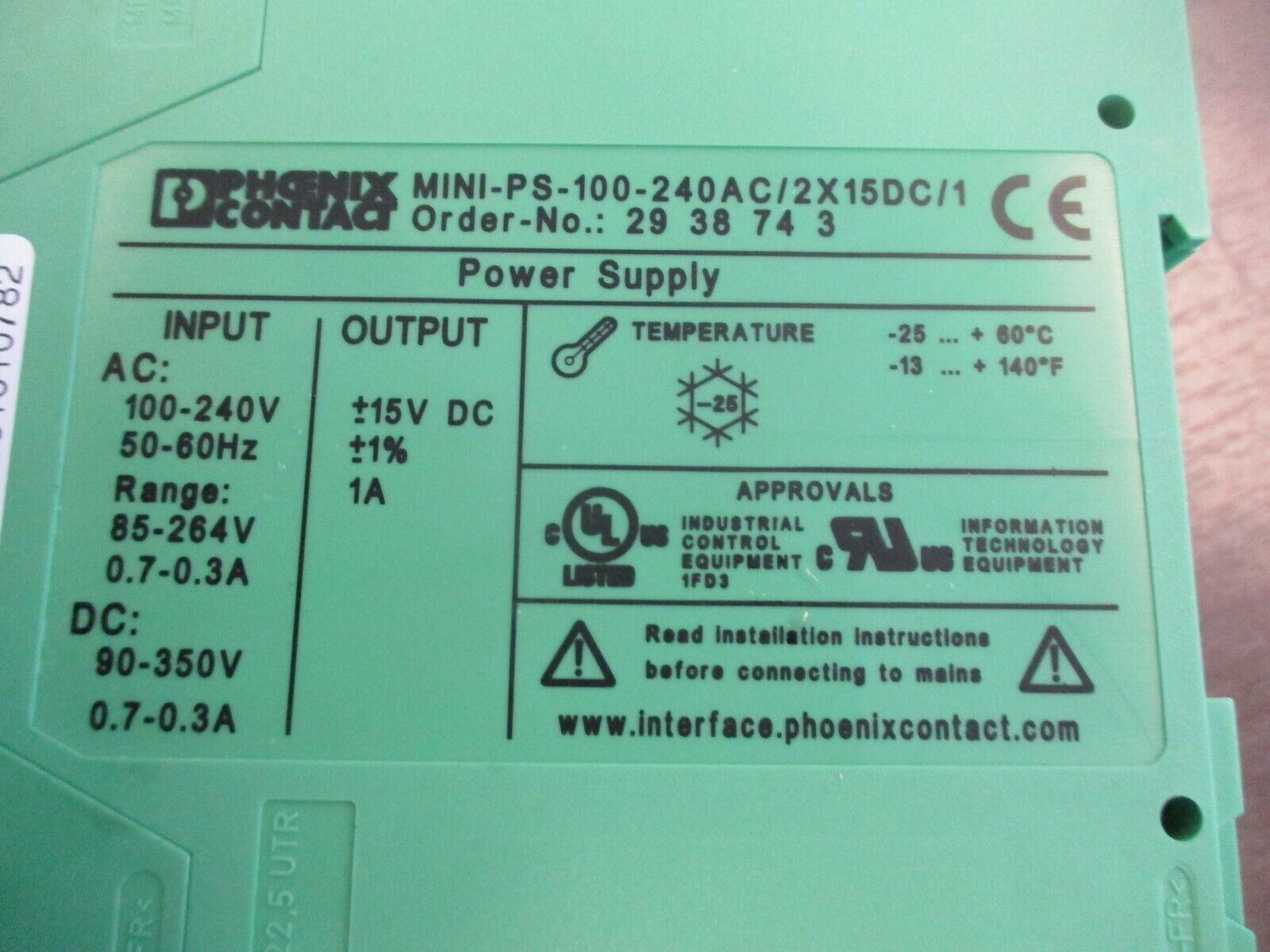 Phoenix Contact Mini Power Power Supply MINI-PS-100-240AC/2X15DC/1 Used