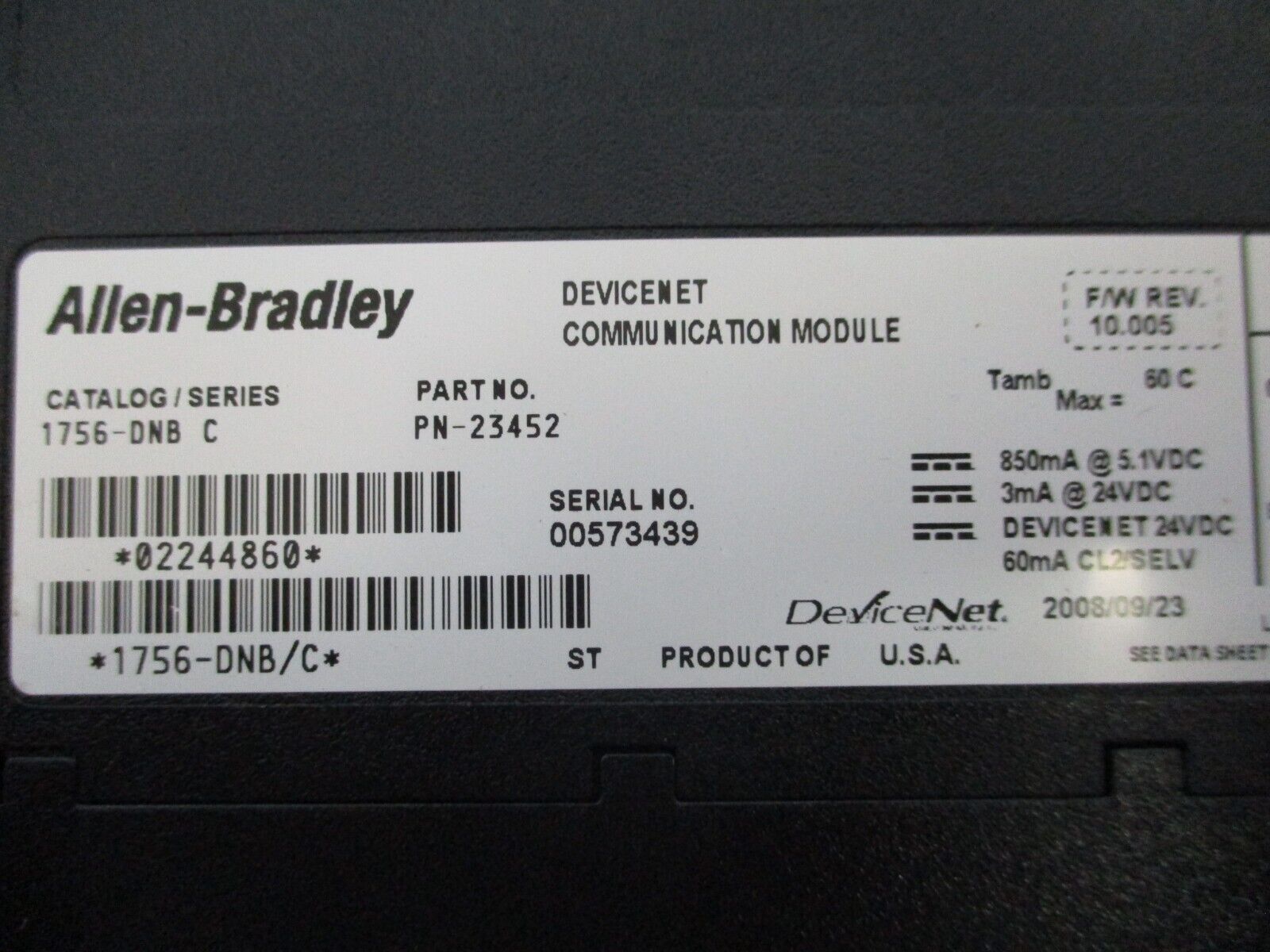 Allen-Bradley DeviceNet Comm. Module 1756-DNB Ser. C F/W Rev. 10.005 Used