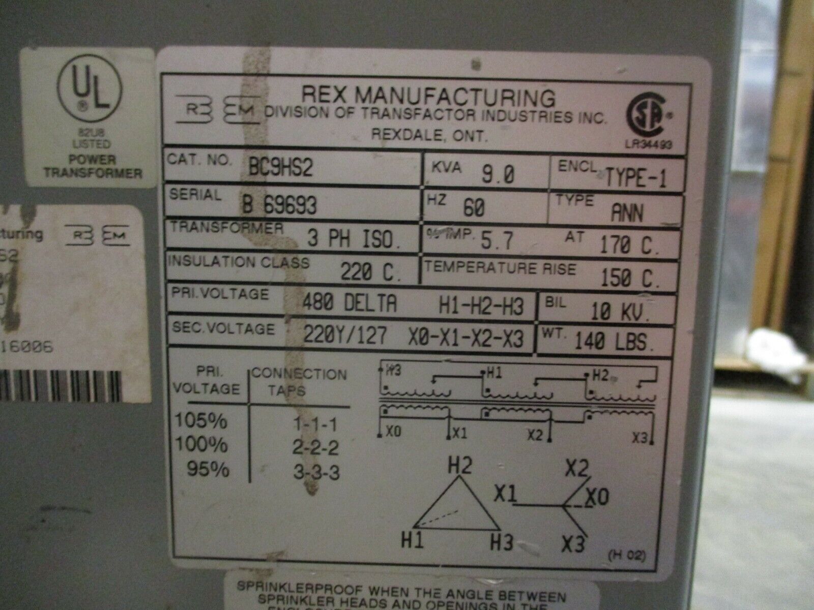 Rex Manufacturing Type ANN Transformer BC9HS2 9.0kVA Pri: 480V Sec: 220Y/127V