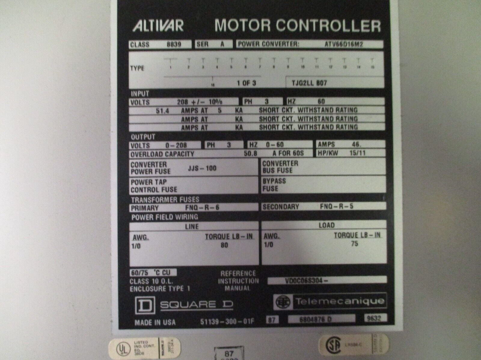 Square D Altivar AC Drive 8839 ATV66D16M2 Ser. A 15HP 3Ph Type 1 Enclosure Used