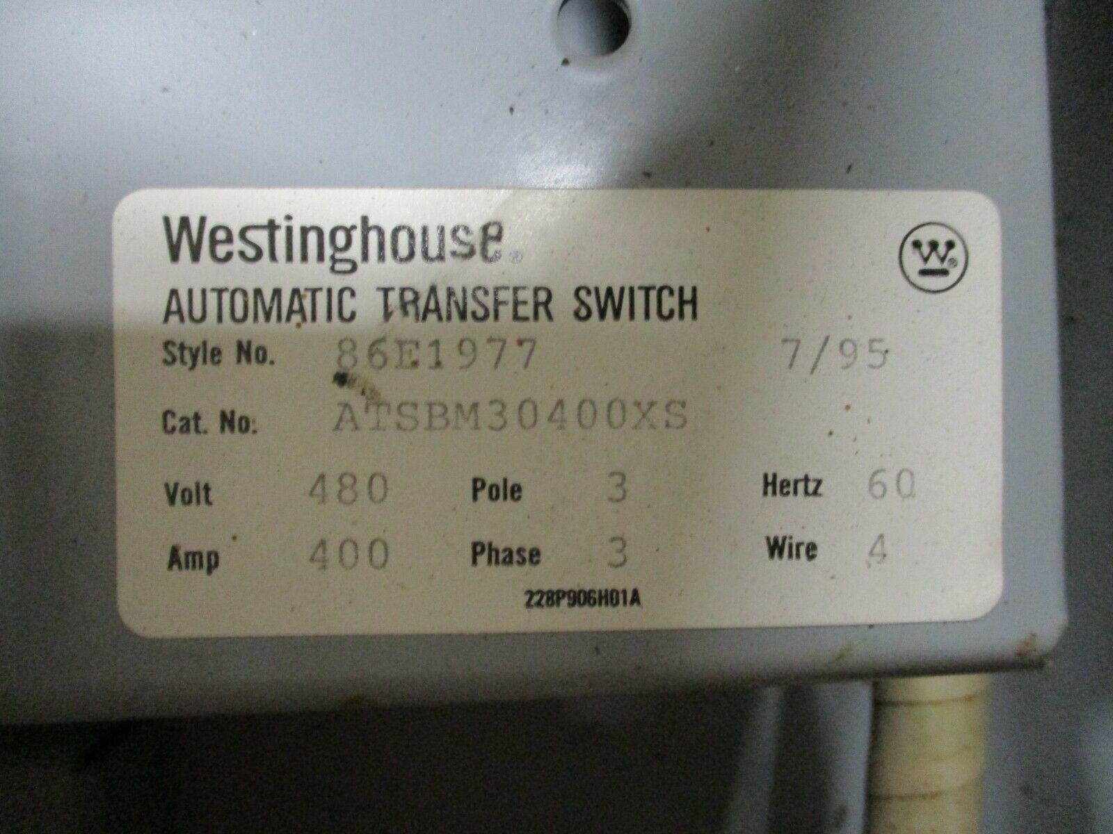 Westinghouse Automatic Transfer Switch ATSBM30400XS 400A 480V 3Ph 60HZ Used