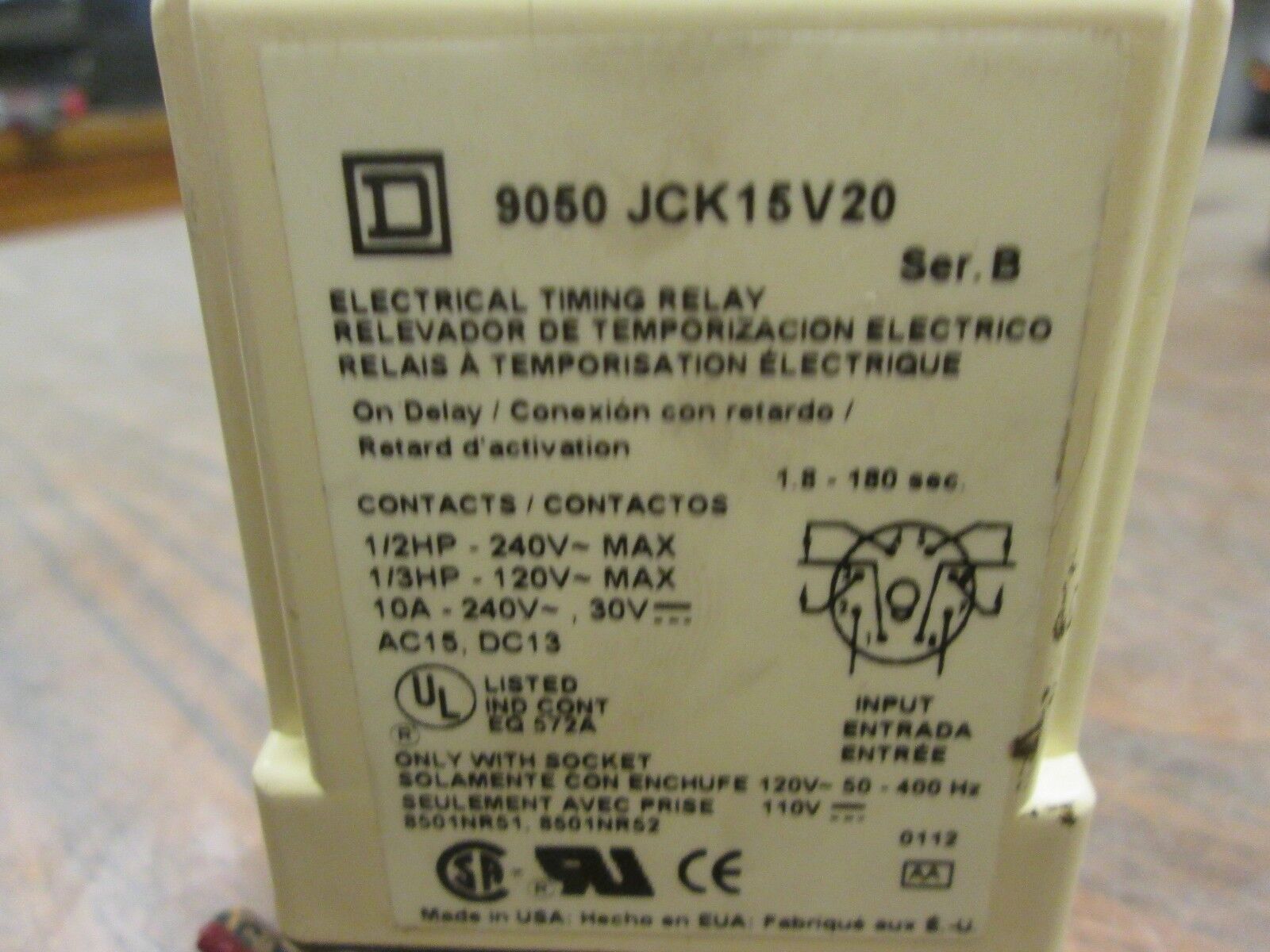 Square D Timing Relay 9050 JCK15V20 Range: 1.8-180 Sec Used