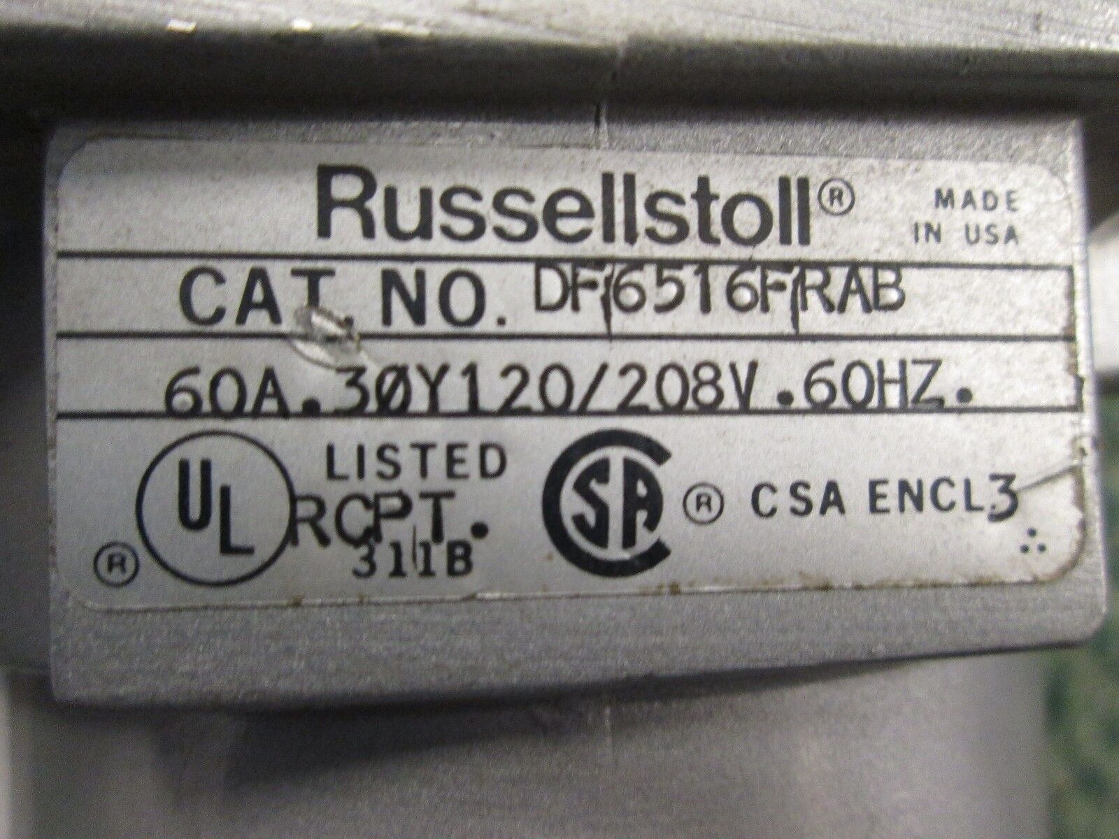 Russellstoll Receptacle DF6516FRAB 60A 120/208V 3P 3Ph 5W Used