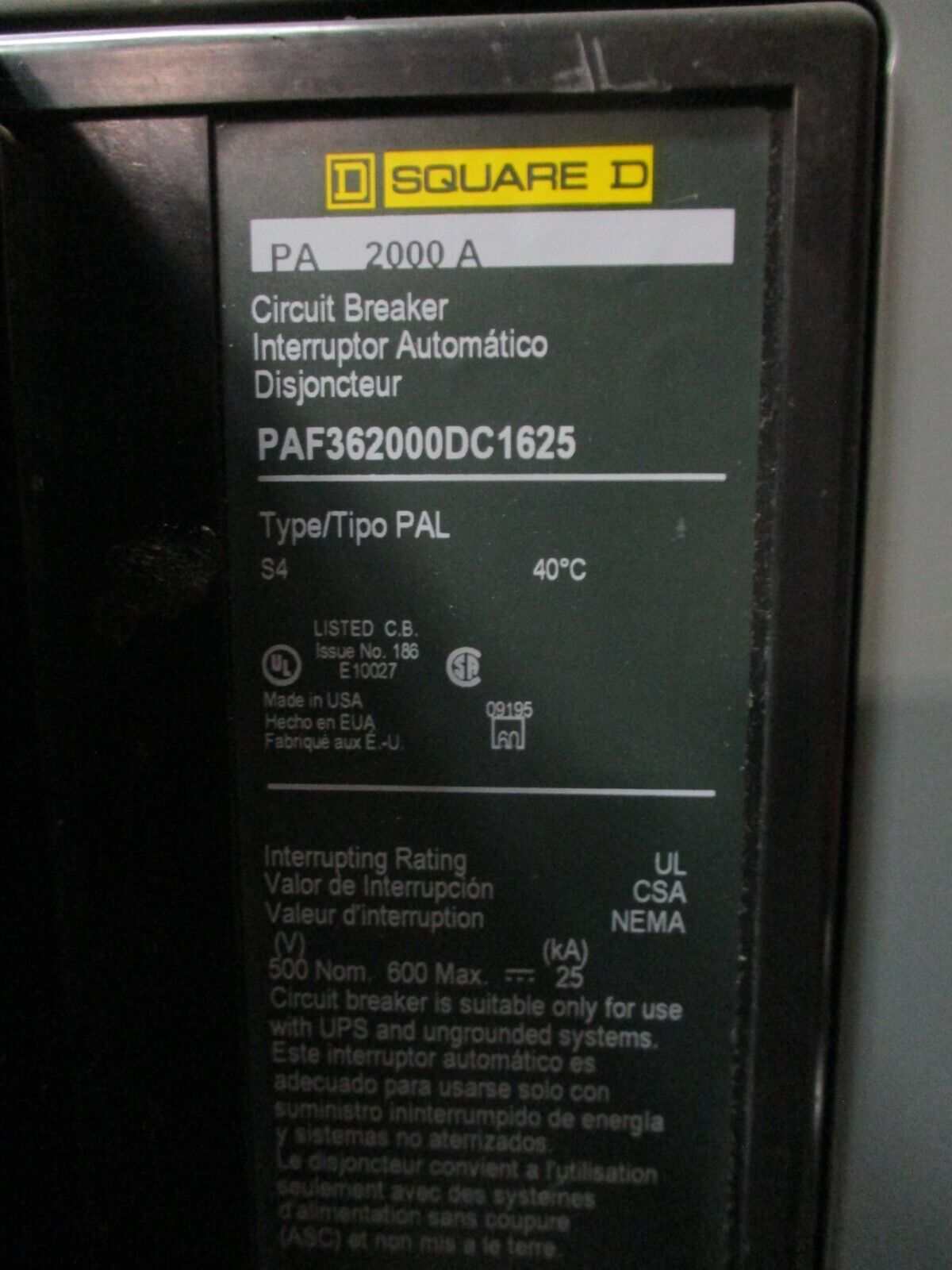 Square D DC Breaker Disconnect PAF362000DC1625 500VDC 2000A Encl: 22387546-001