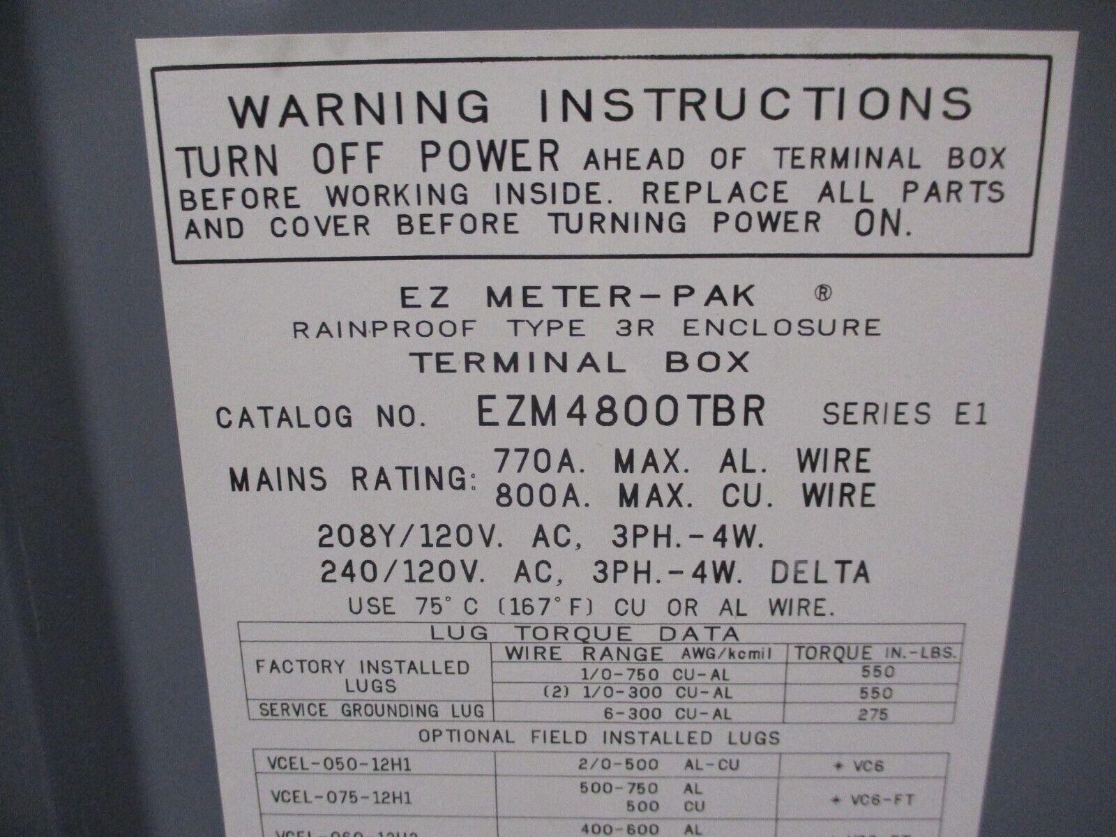 Square D 3R EZM Meter Center w/ Terminal Box EZM743200R / EZM4800TBR 6-Position