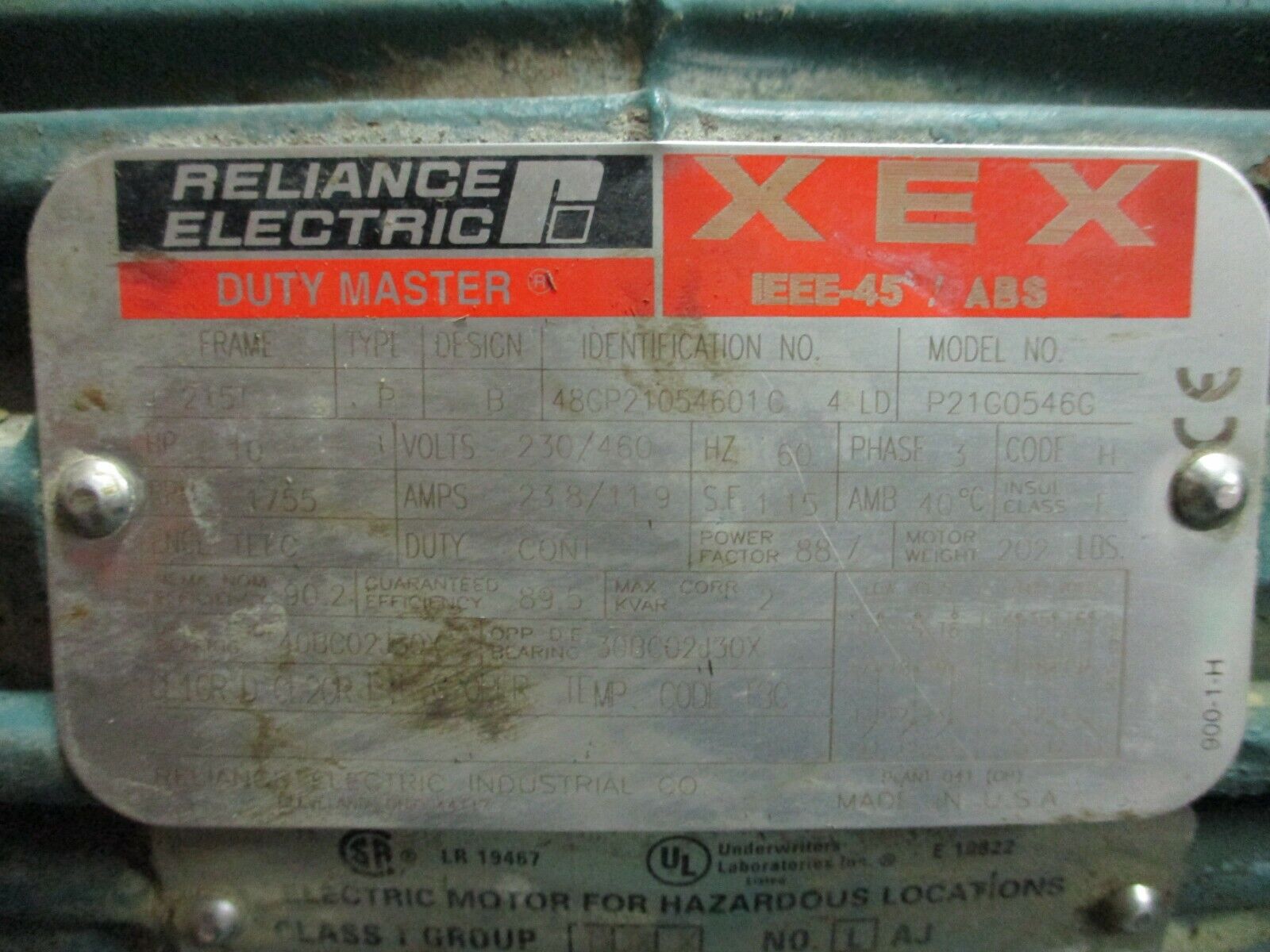 Reliance Duty Master XEX Hazardous Location AC Motor P21G0546G 10HP 1800RPM Used
